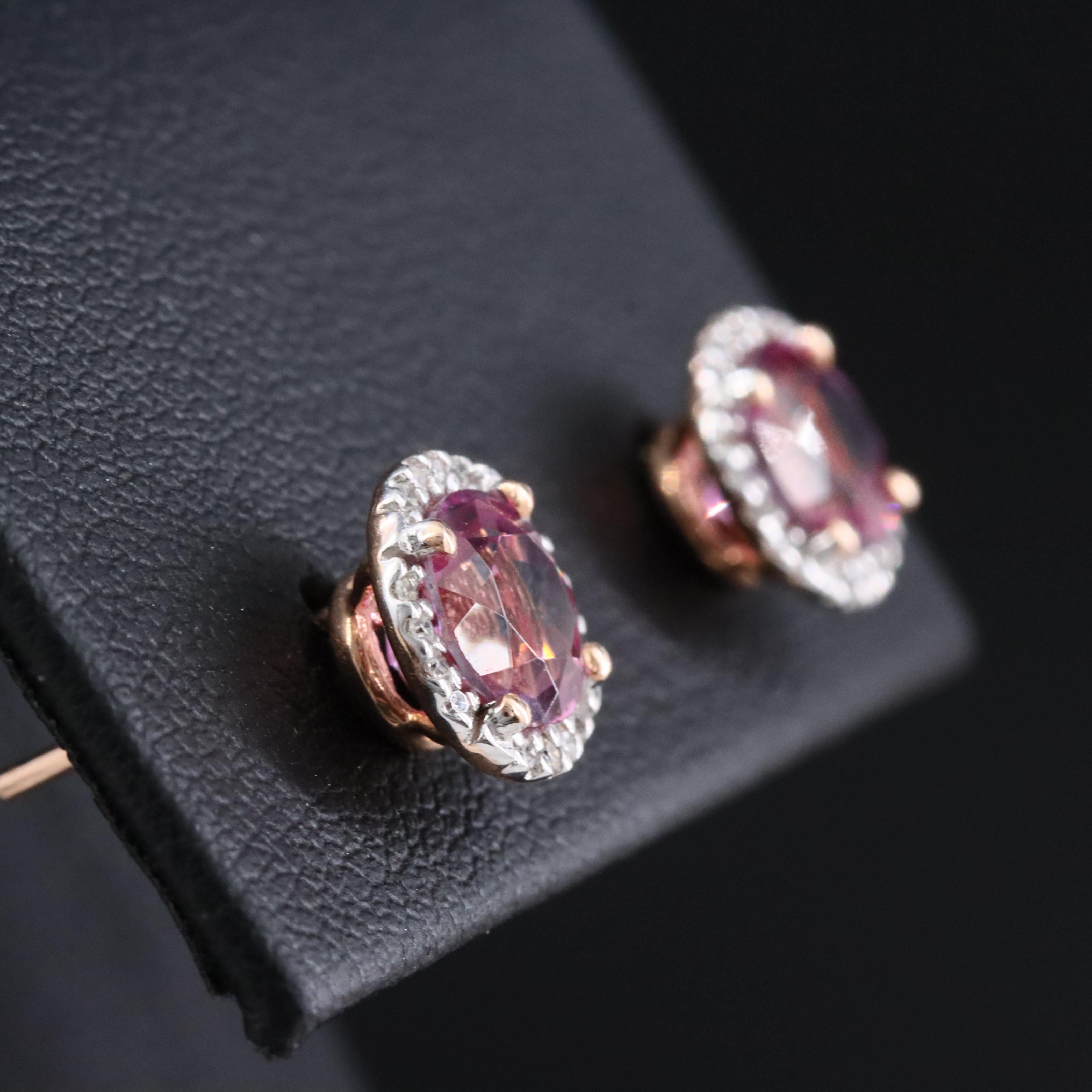 14K Rose Gold Pink Tourmaline and Diamond Halo Stud Earrings