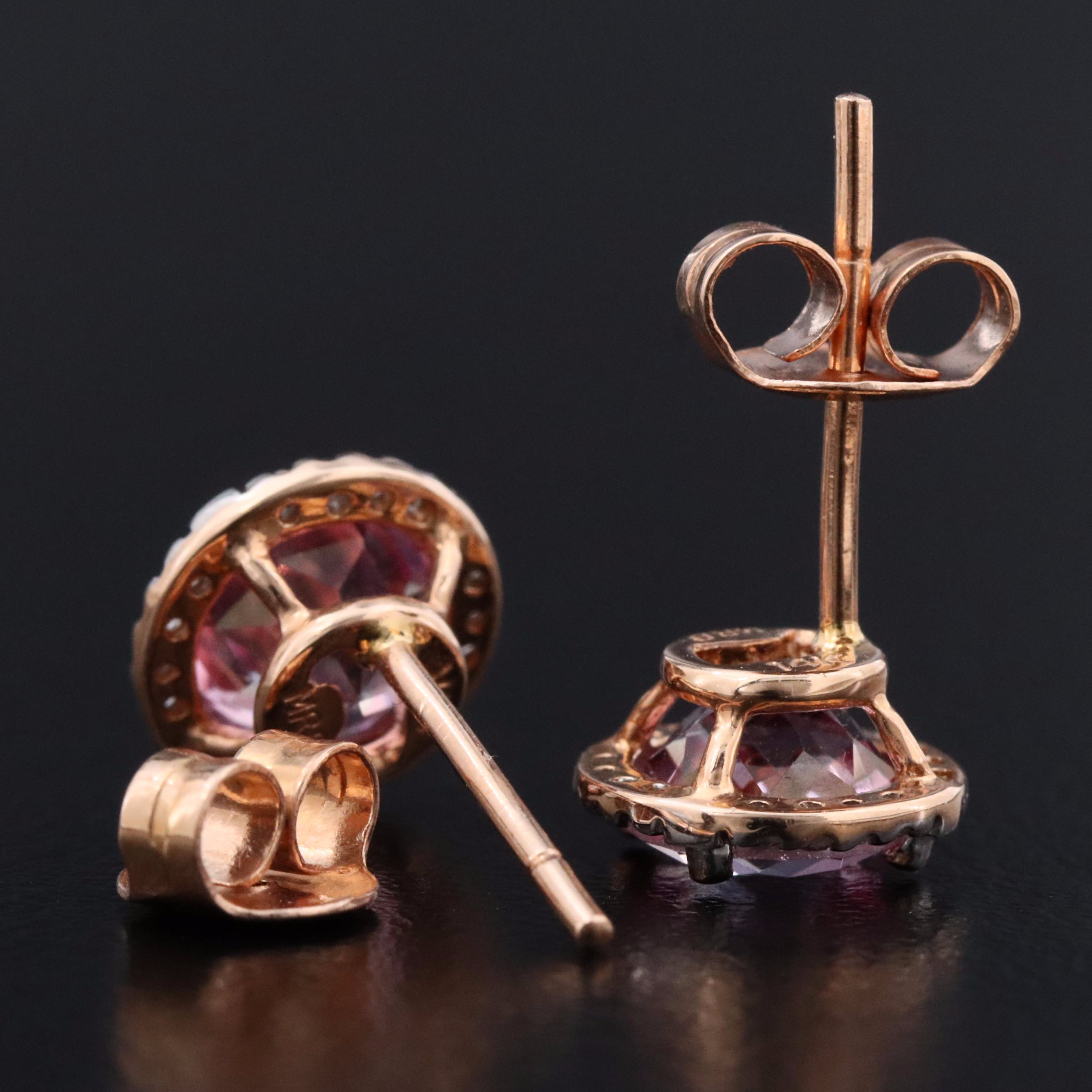 14K Rose Gold Pink Tourmaline and Diamond Halo Stud Earrings