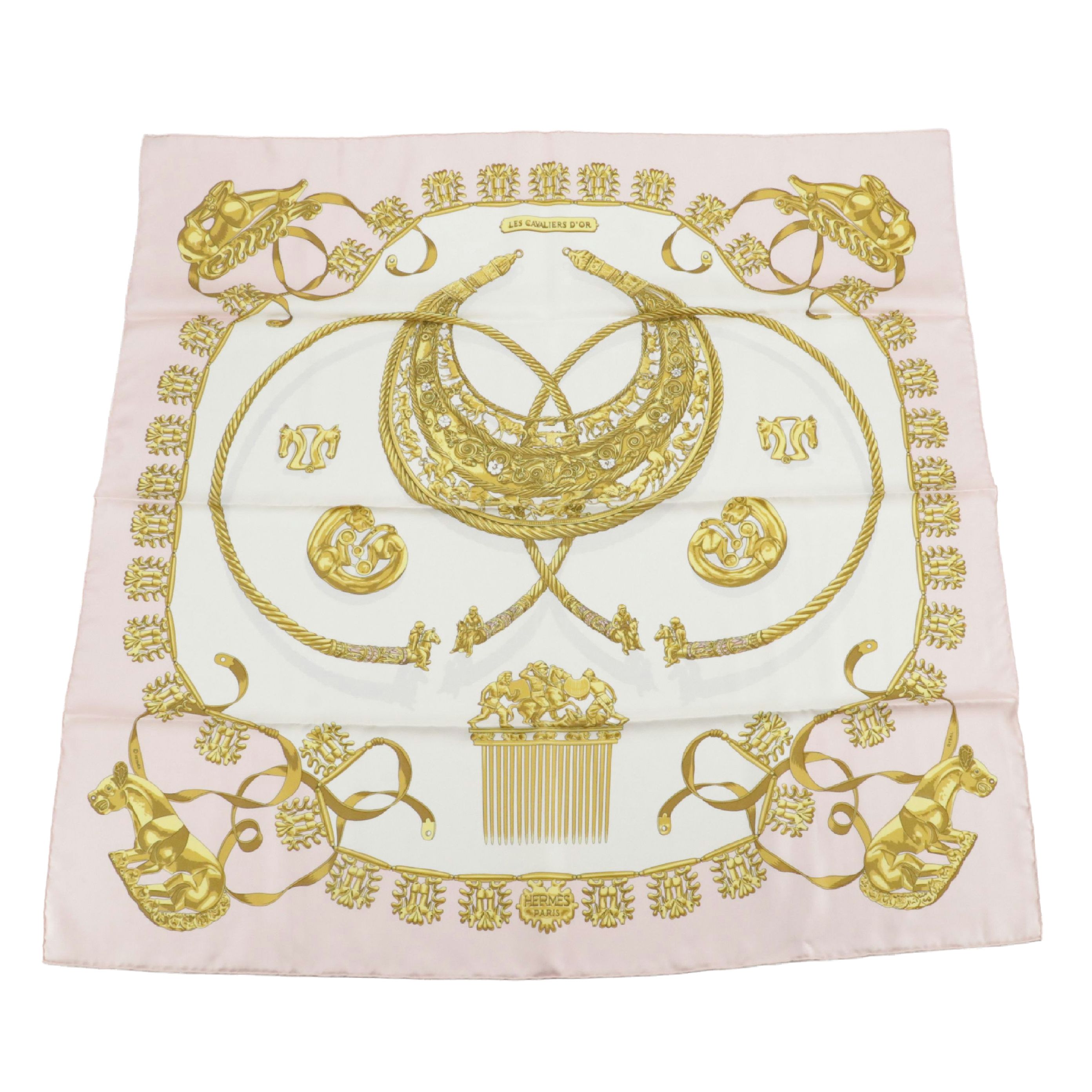 Hermès "Les Cavaliers d'Or" Scarf 90 in Pink Silk Twill with Box