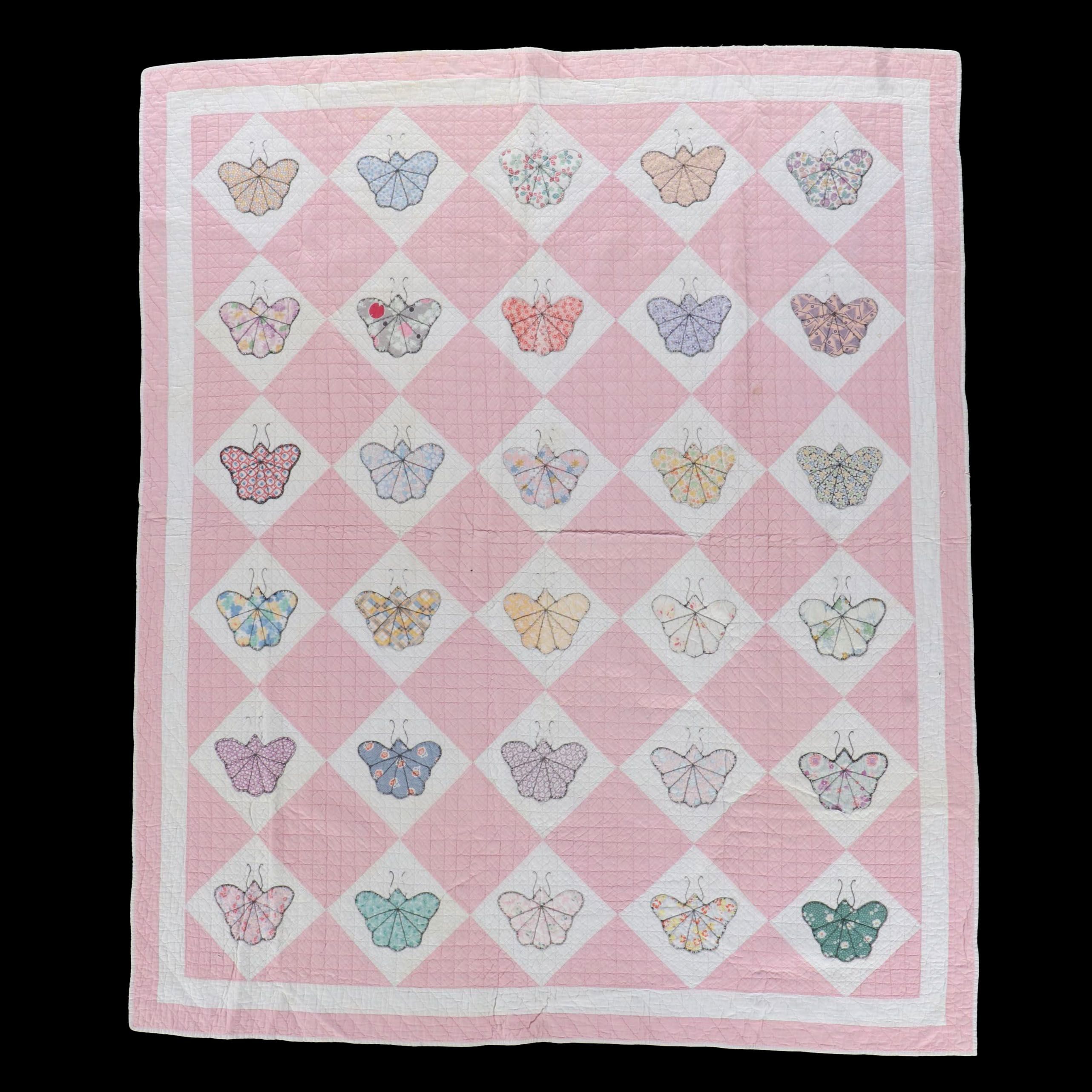 Handmade Pink Diamond Block with Applique Butterfly Twin-Size Quilt