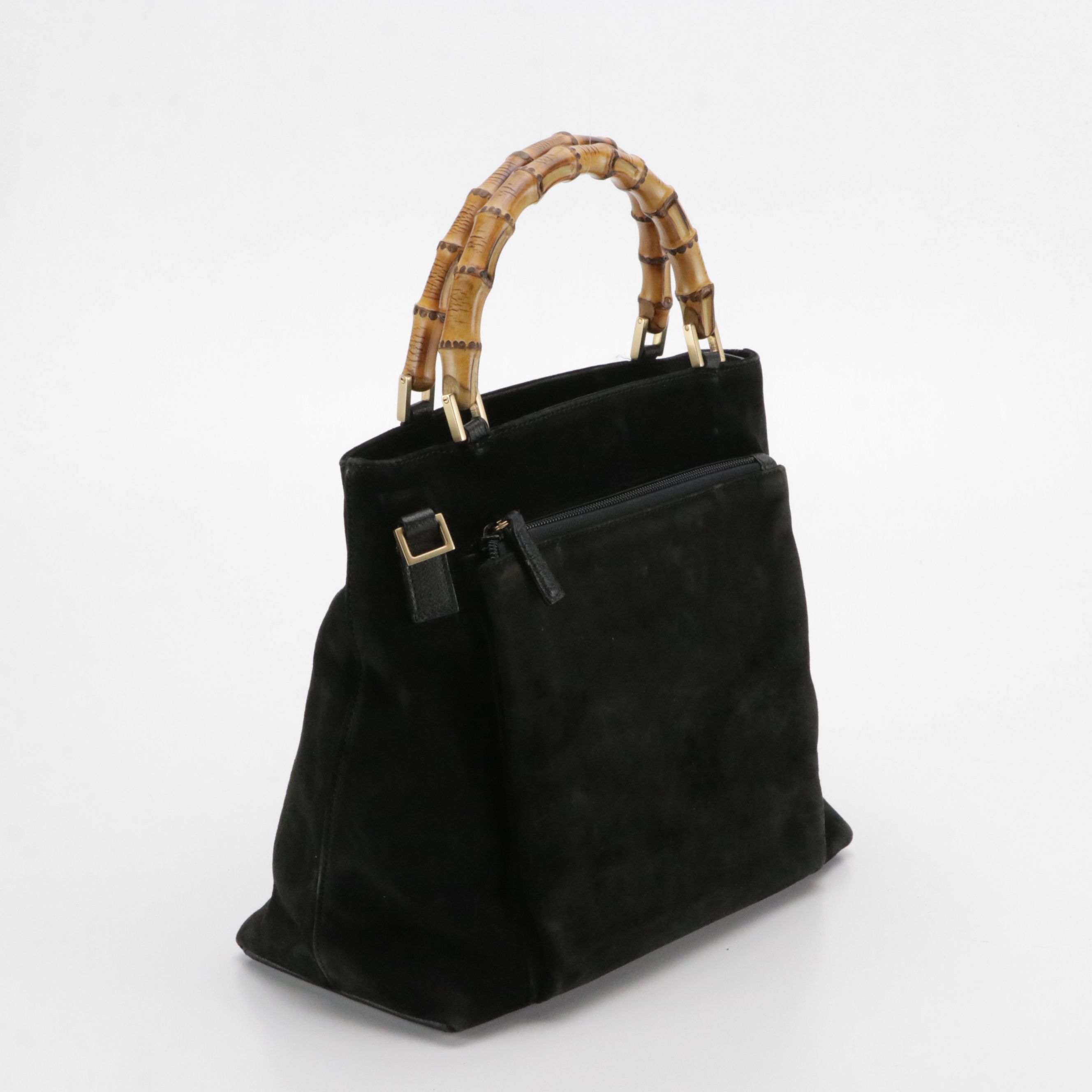 Gucci Bamboo Handle Front Pocket Shoulder Bag in Black Suede and Leather