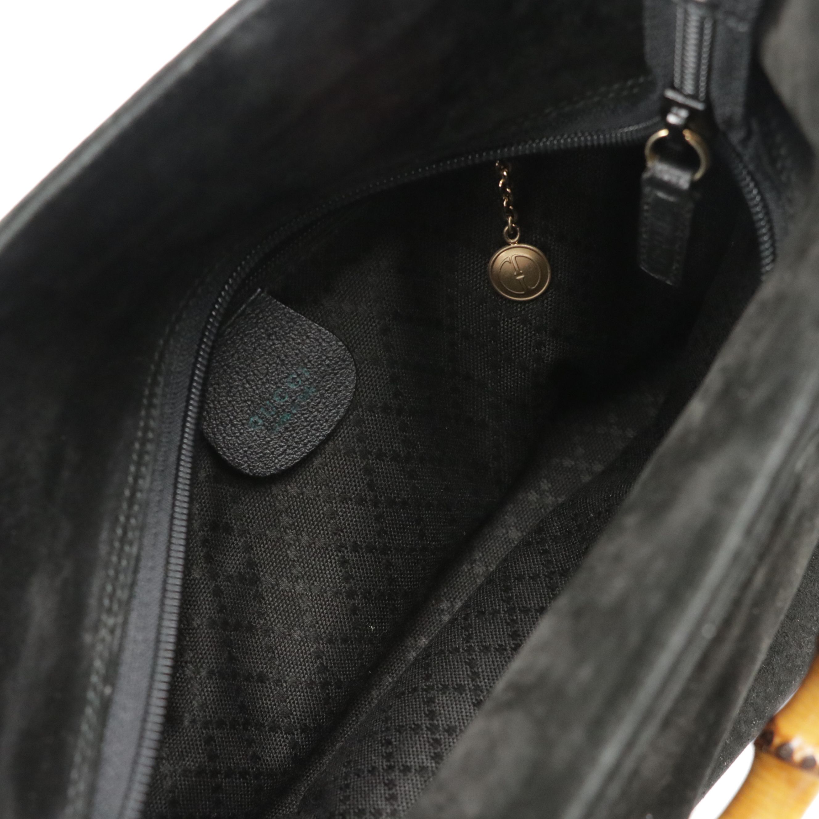 Gucci Bamboo Handle Front Pocket Shoulder Bag in Black Suede and Leather