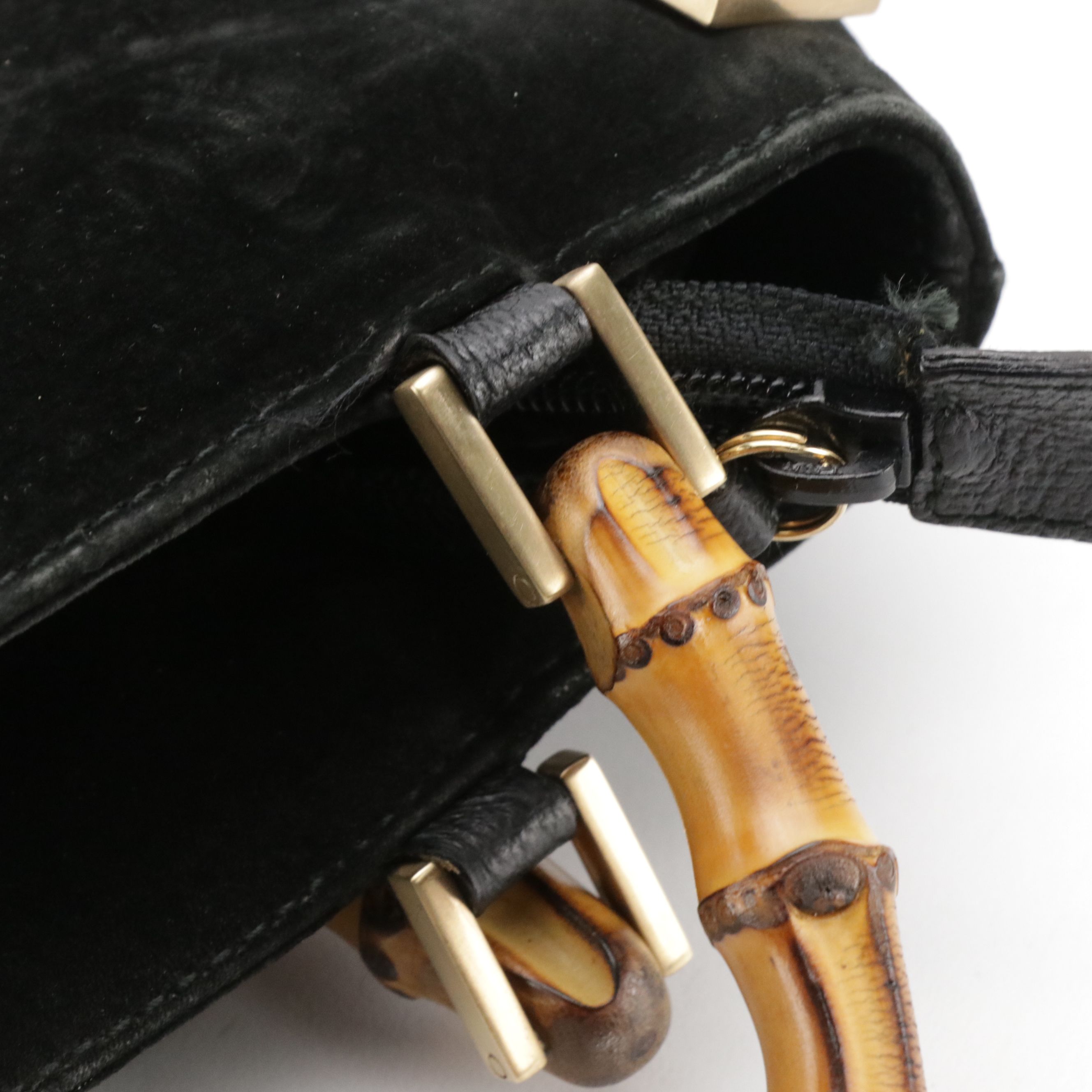Gucci Bamboo Handle Front Pocket Shoulder Bag in Black Suede and Leather