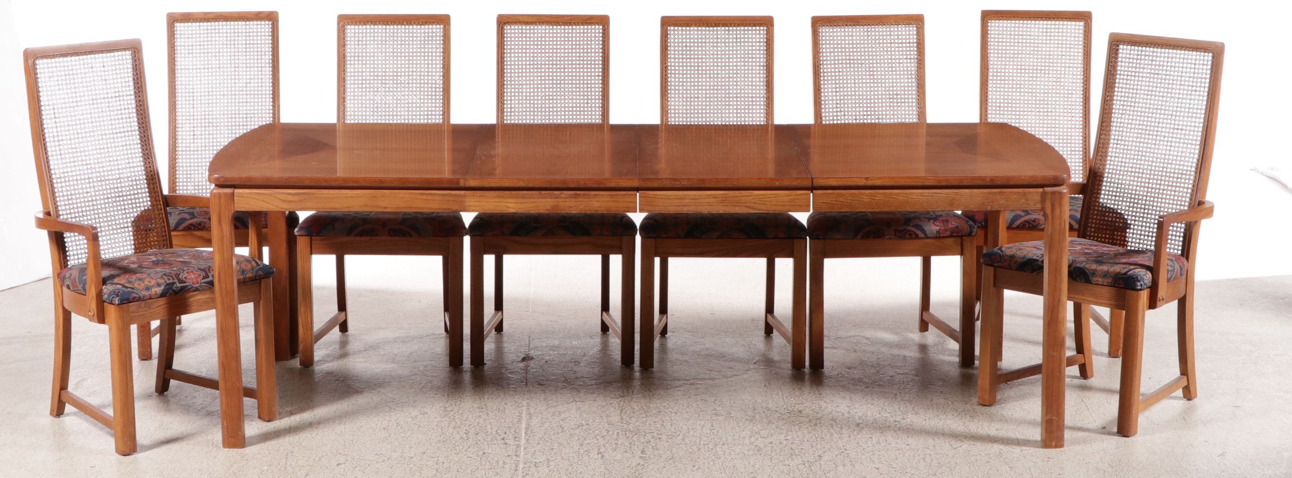 Nine Piece Mid Century French Provincial Style Dining Set with Cane Back Chairs