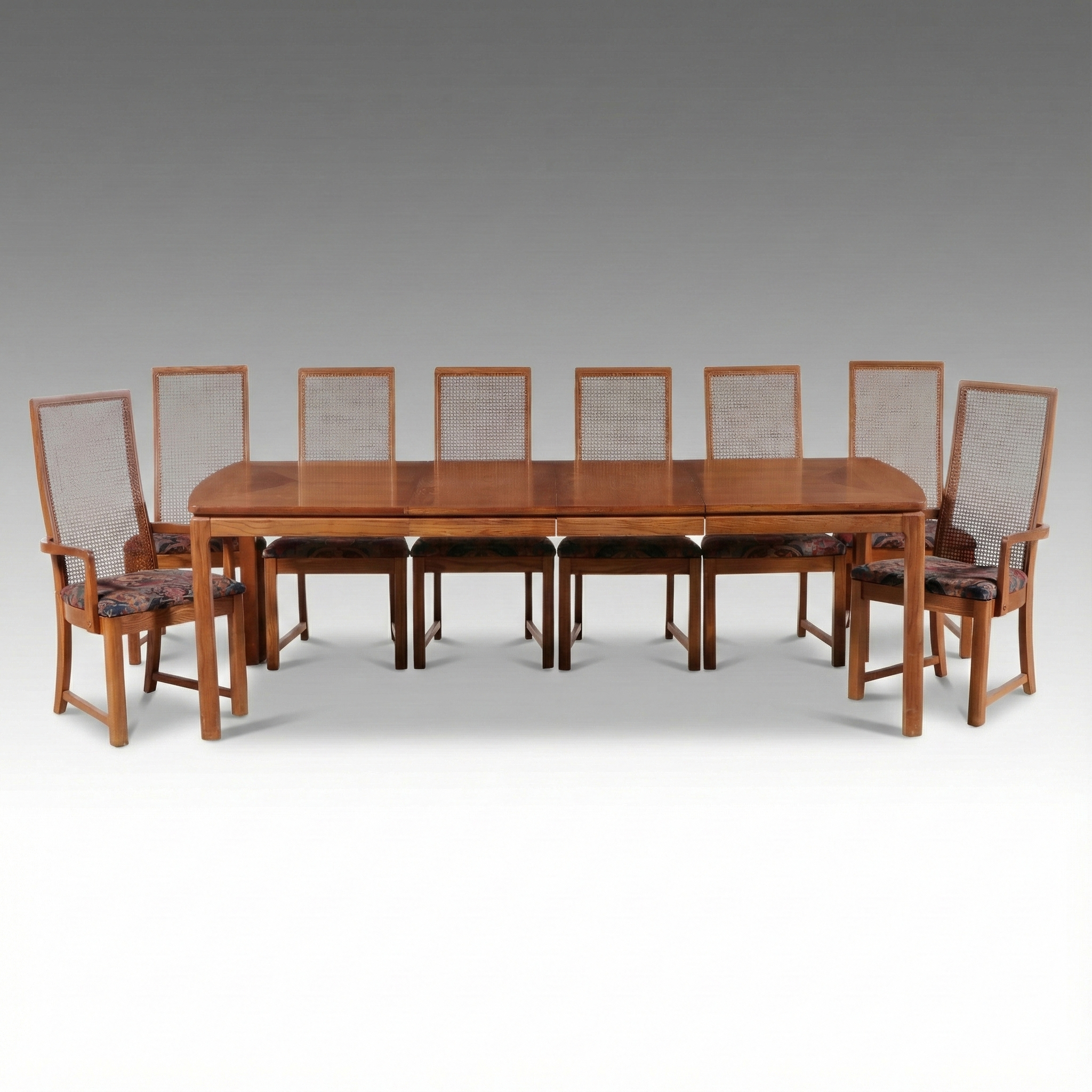 Nine Piece Mid Century French Provincial Style Dining Set with Cane Back Chairs
