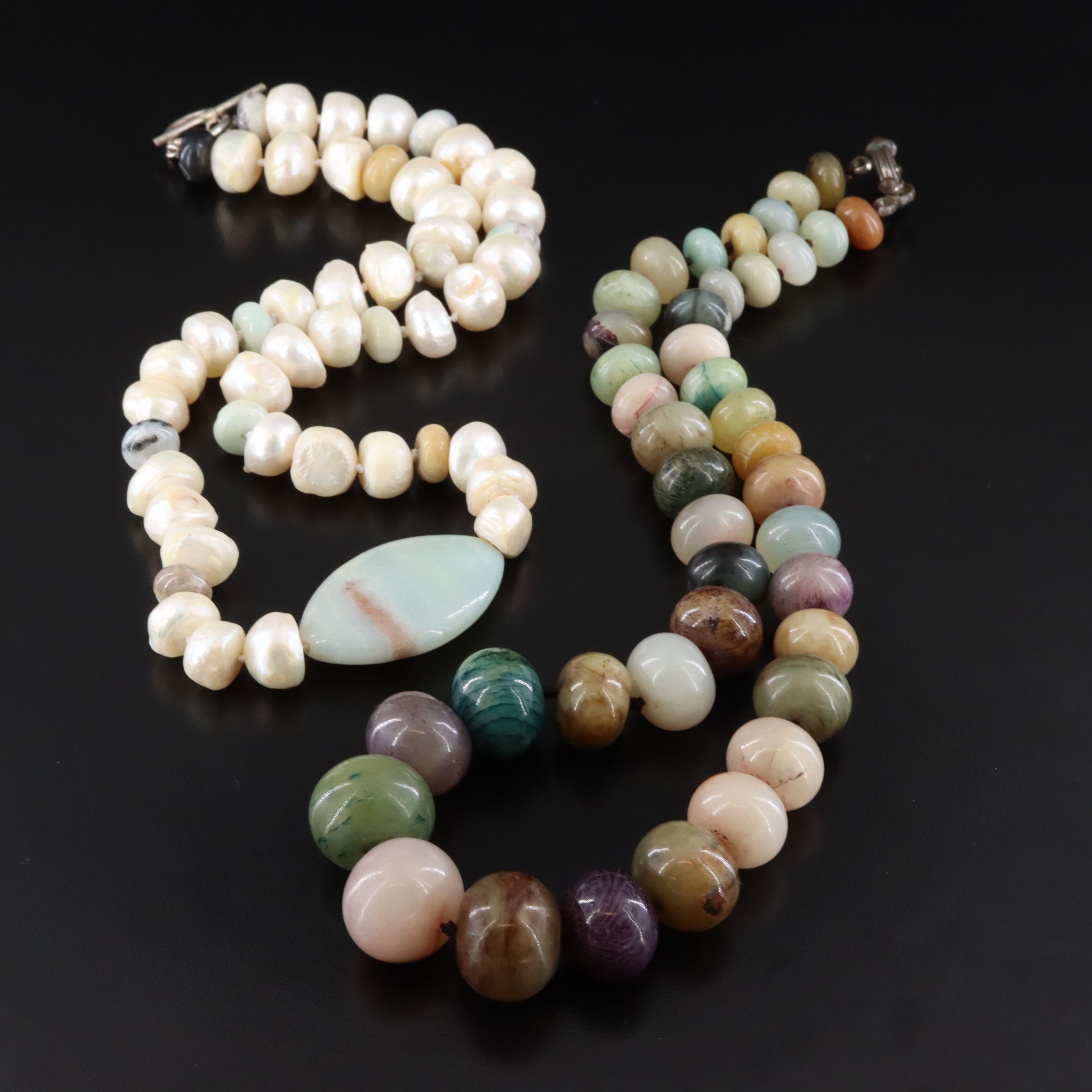 Pearl, Chalcedony and Agate Necklaces with Sterling Clasps