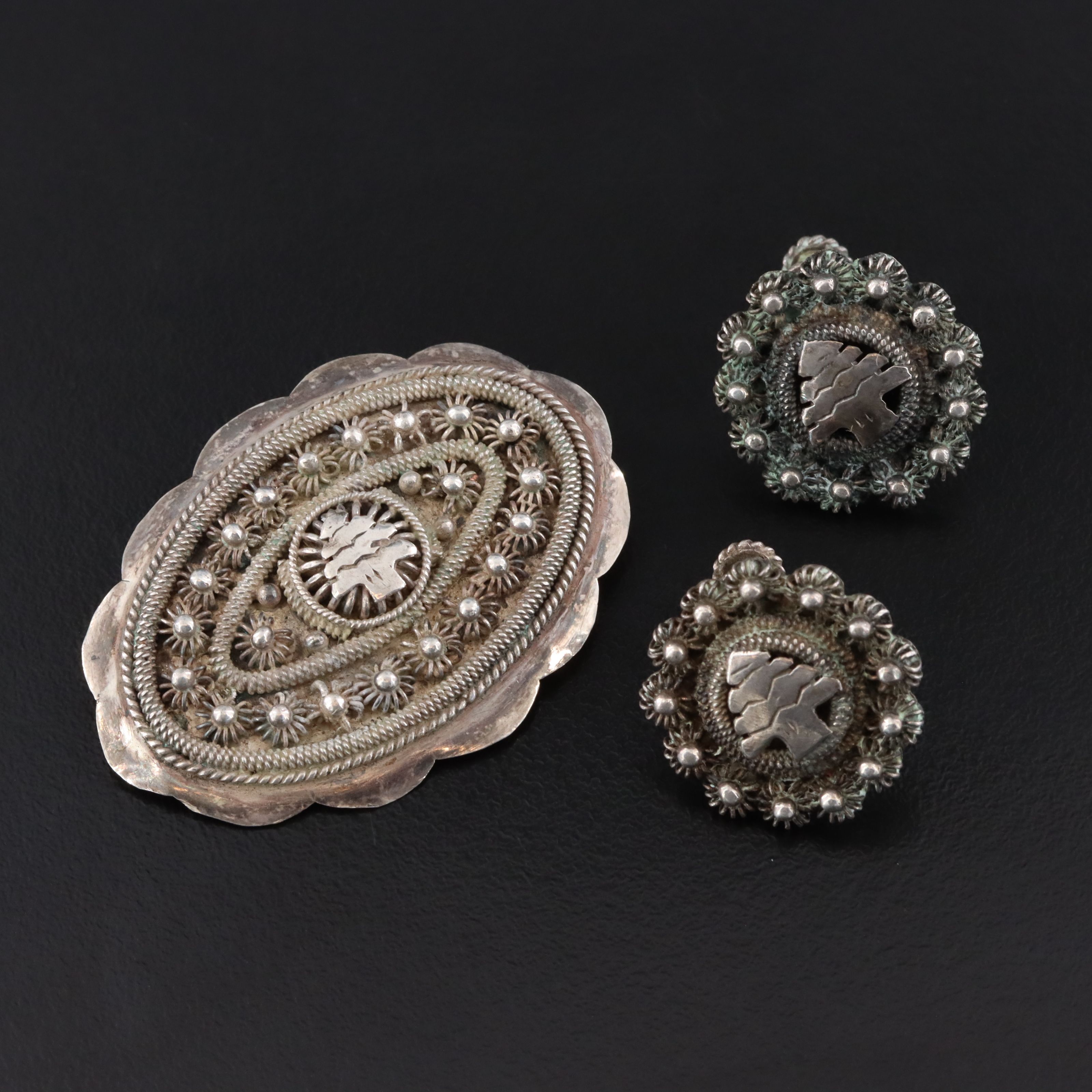 Middle Eastern Style 950 Silver Cannetille Brooch and Earrings Set
