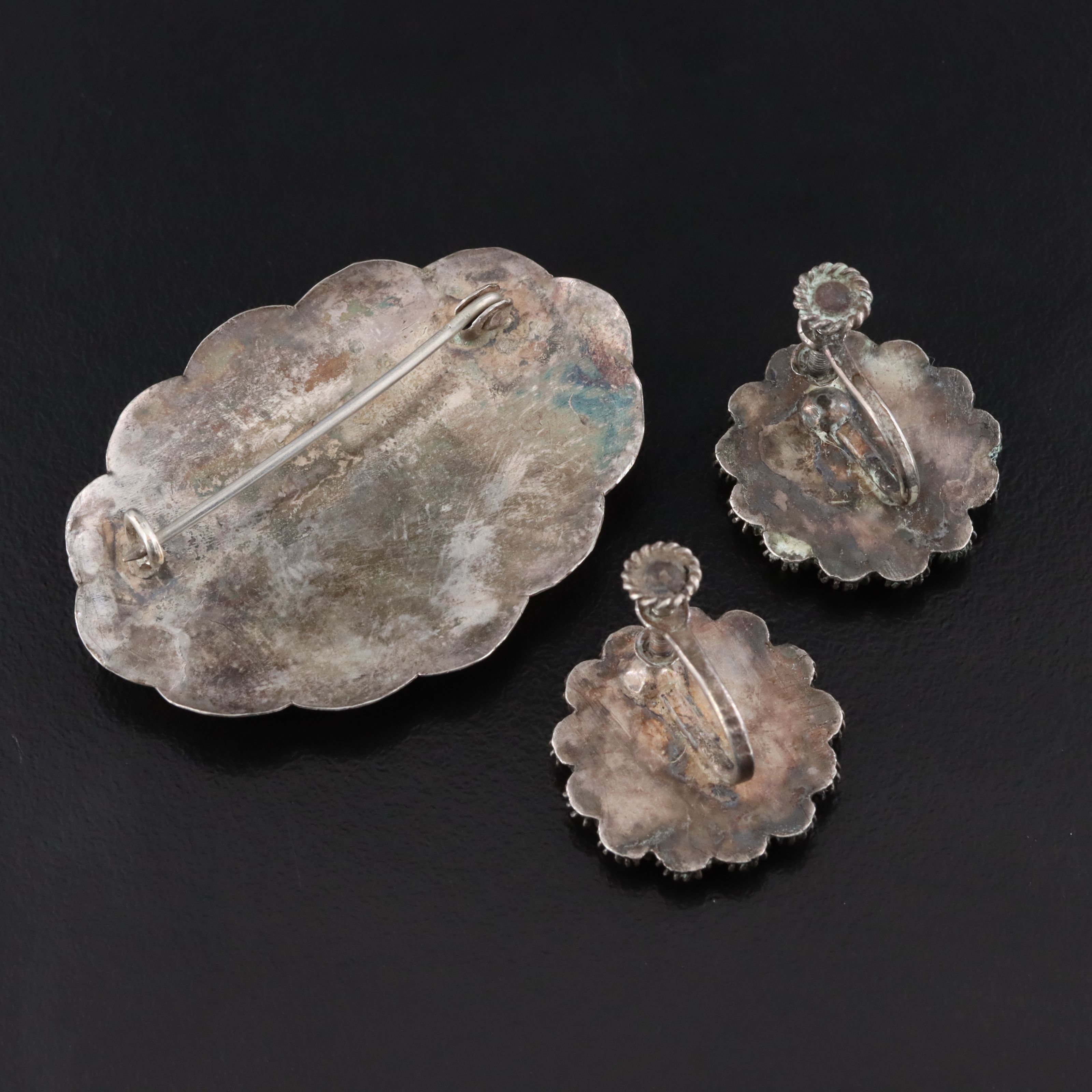 Middle Eastern Style 950 Silver Cannetille Brooch and Earrings Set