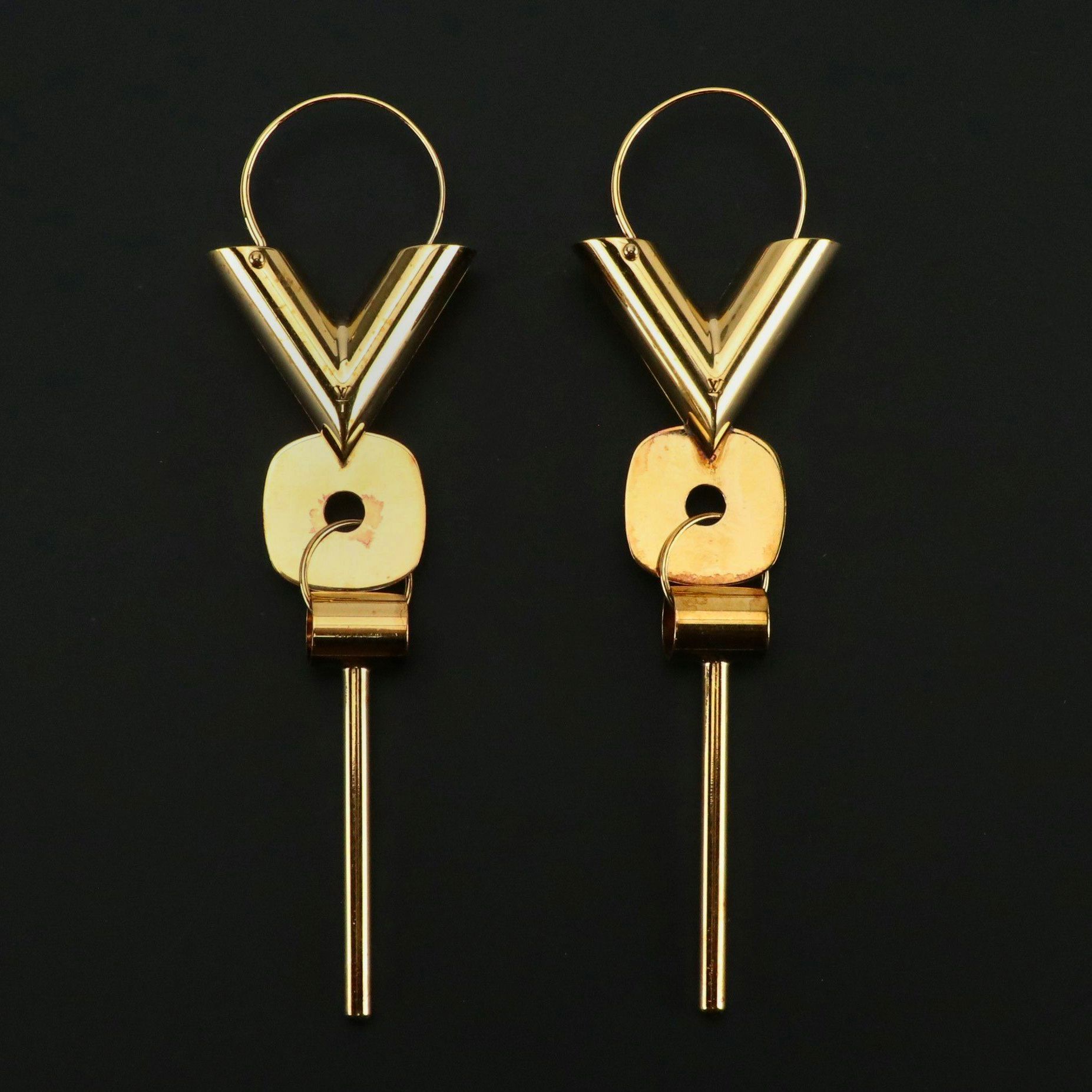 Louis Vuitton Gold Tone Brass Essential V Key Drop Earrings