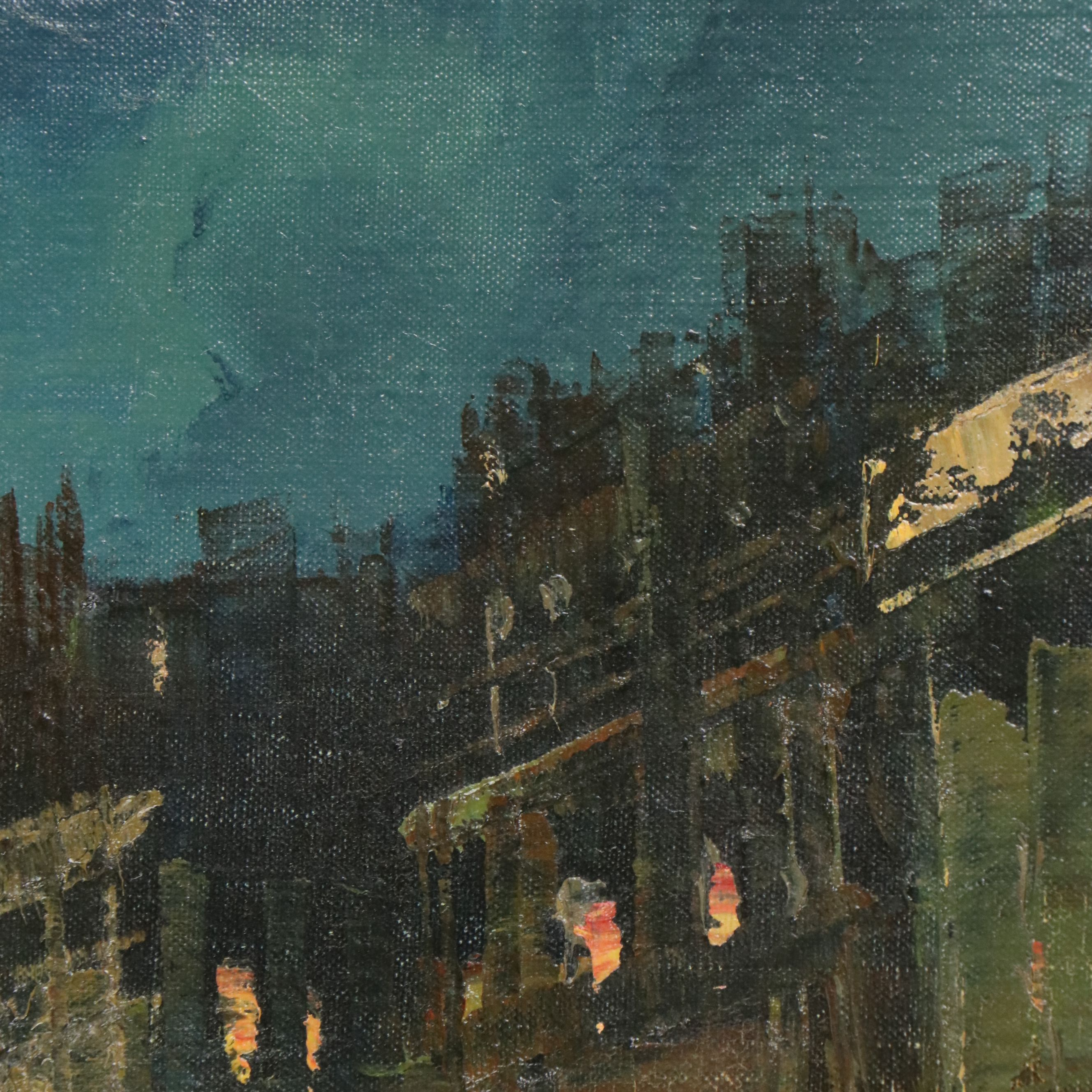 Impressionistic Oil Painting of European Cityscape, 20th Century