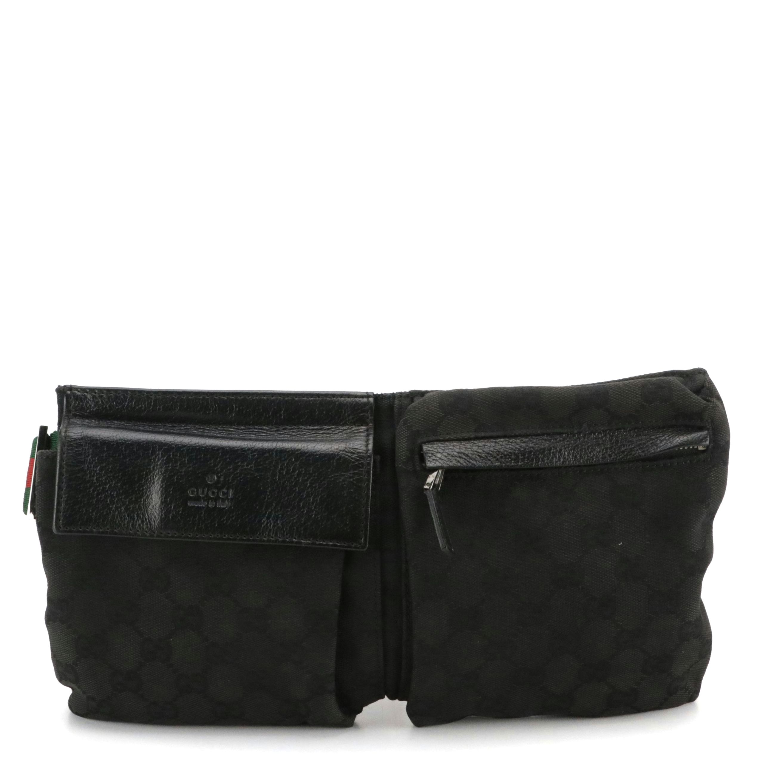 Gucci Double Pocket Sling/Belt Bag in Black GG Canvas, Black Leather & Web Strap