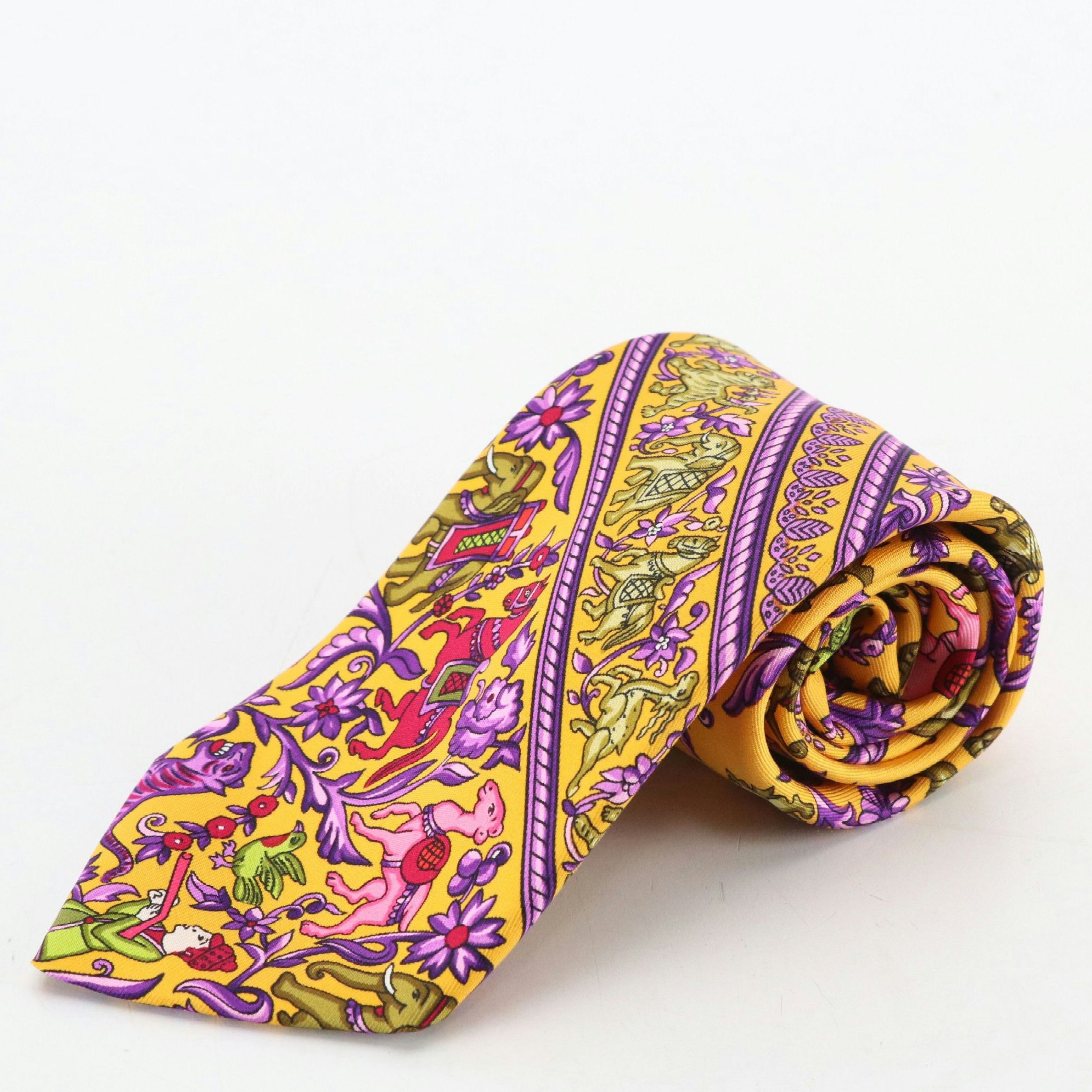 Hermès Silk Twill Necktie in Orange and Purple Animal Pattern
