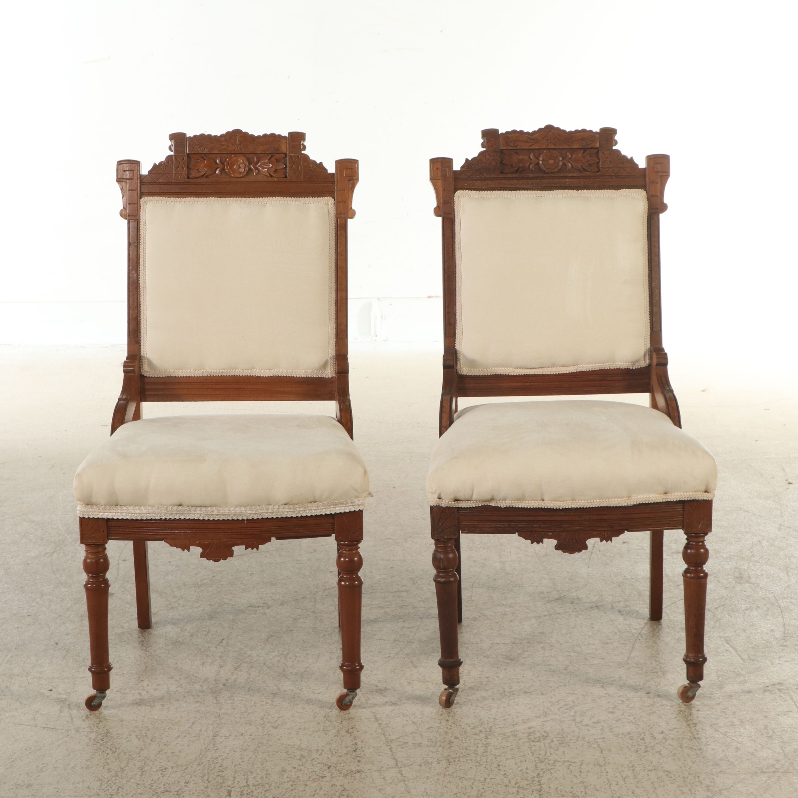 Pair of Eastlake Style Carved and Incised Wood Side Chairs, Late 19th Century