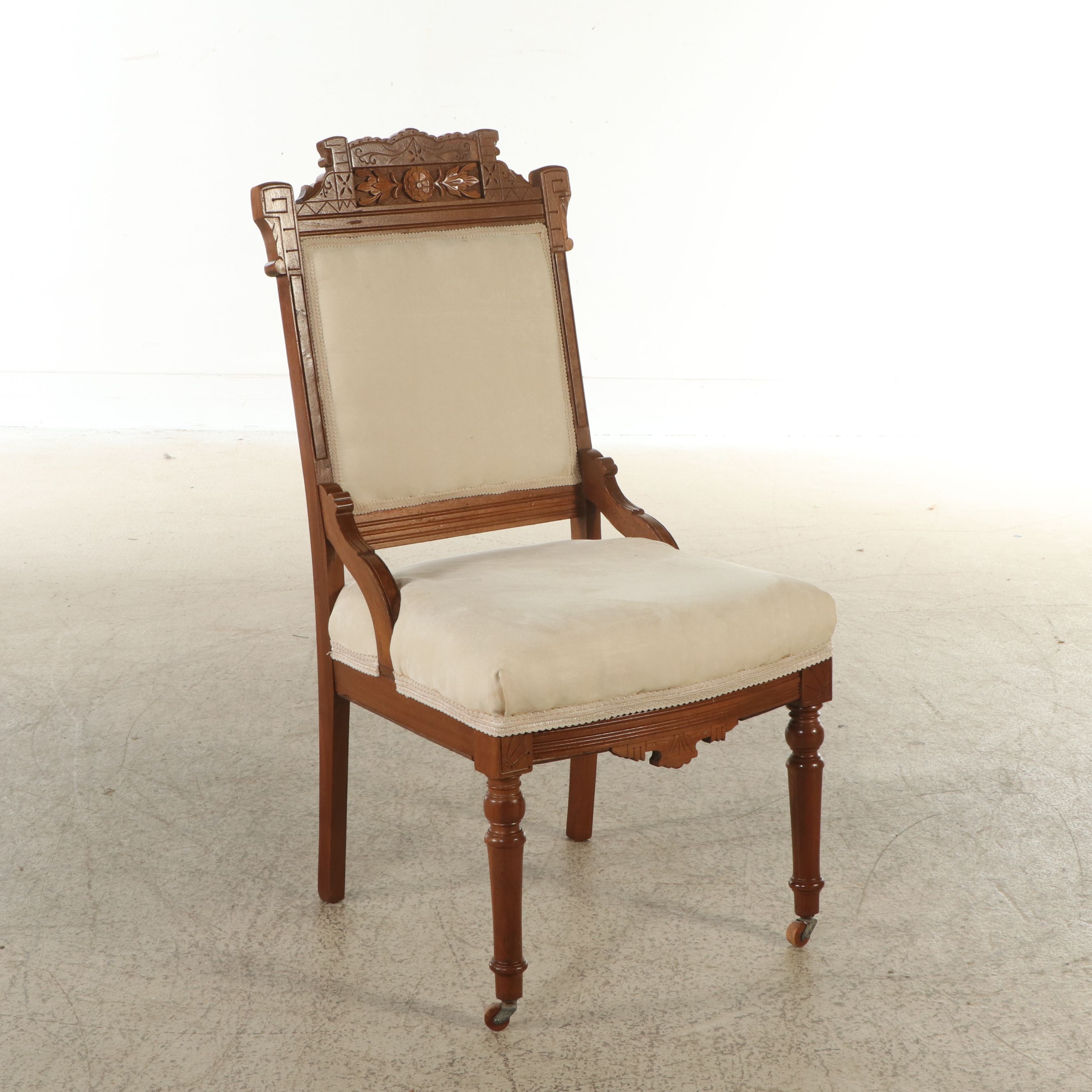 Pair of Eastlake Style Carved and Incised Wood Side Chairs, Late 19th Century