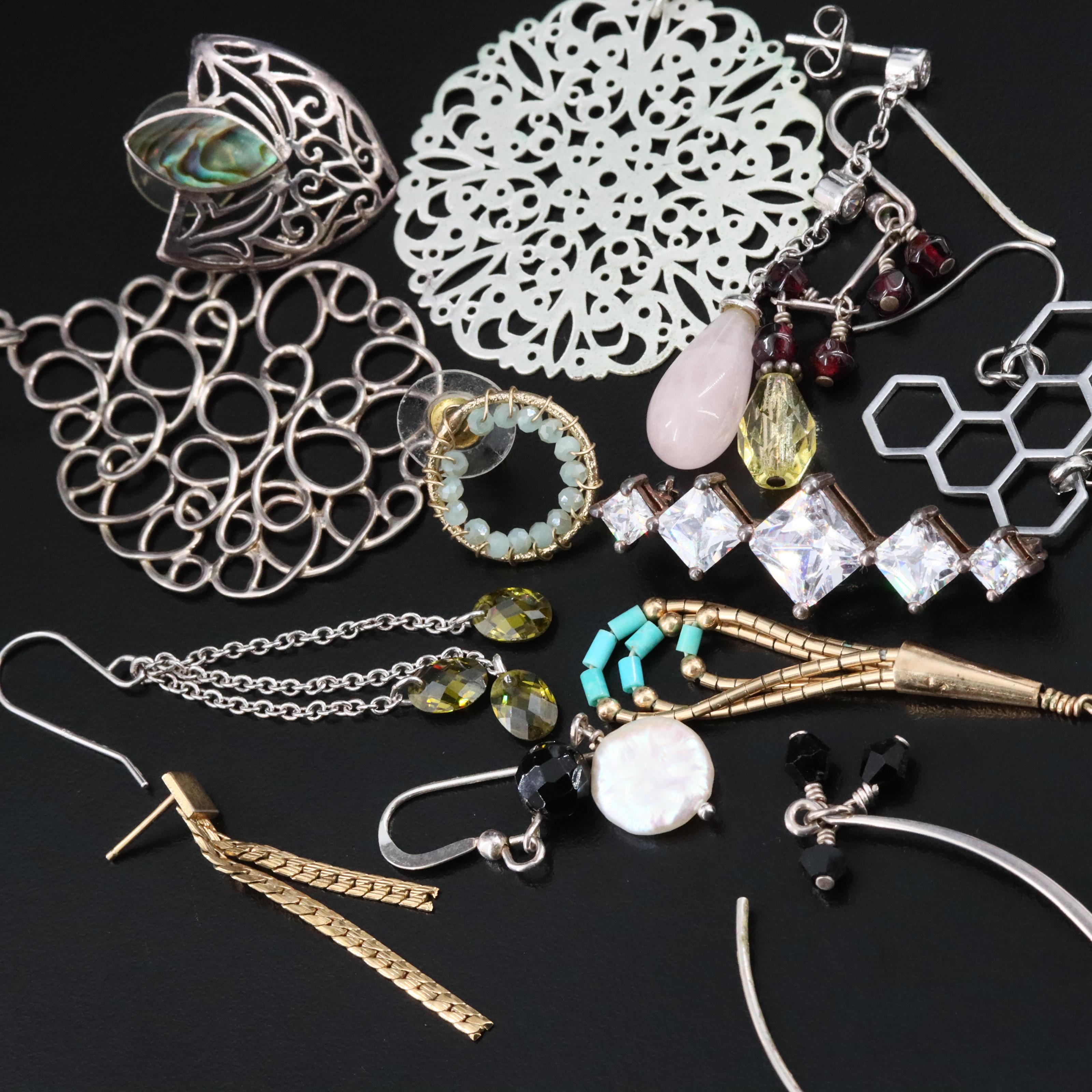 Sterling, Abalone and Pearls Featured in Earring Collection with Brooch