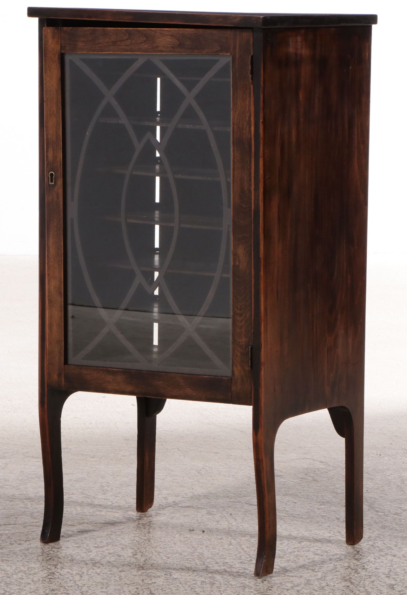 Art Deco Style Walnut Finish Glass Front Music Cabinet, Early 20th Century
