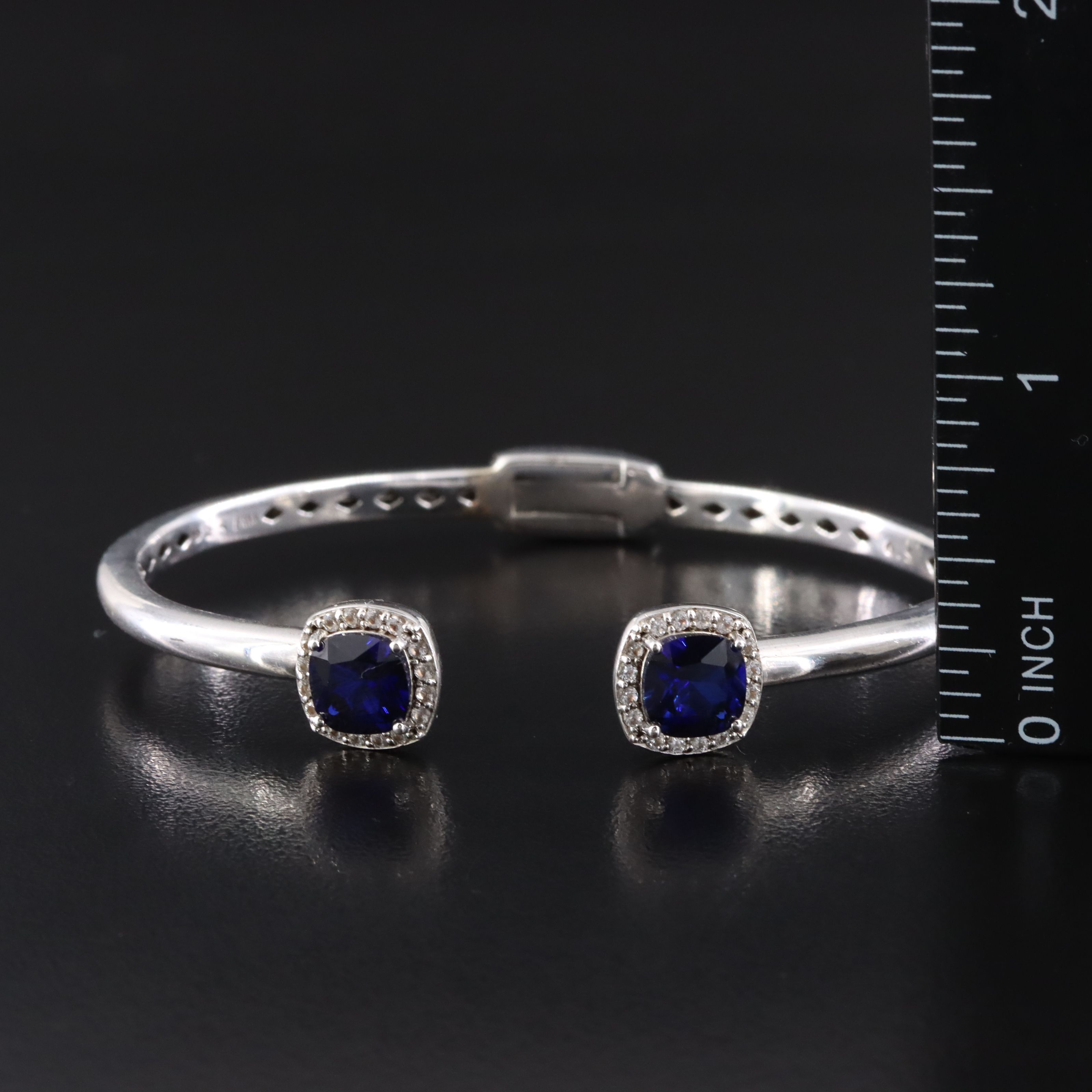 Sterling Blue and White Sapphire Hinged Bangle Bracelet