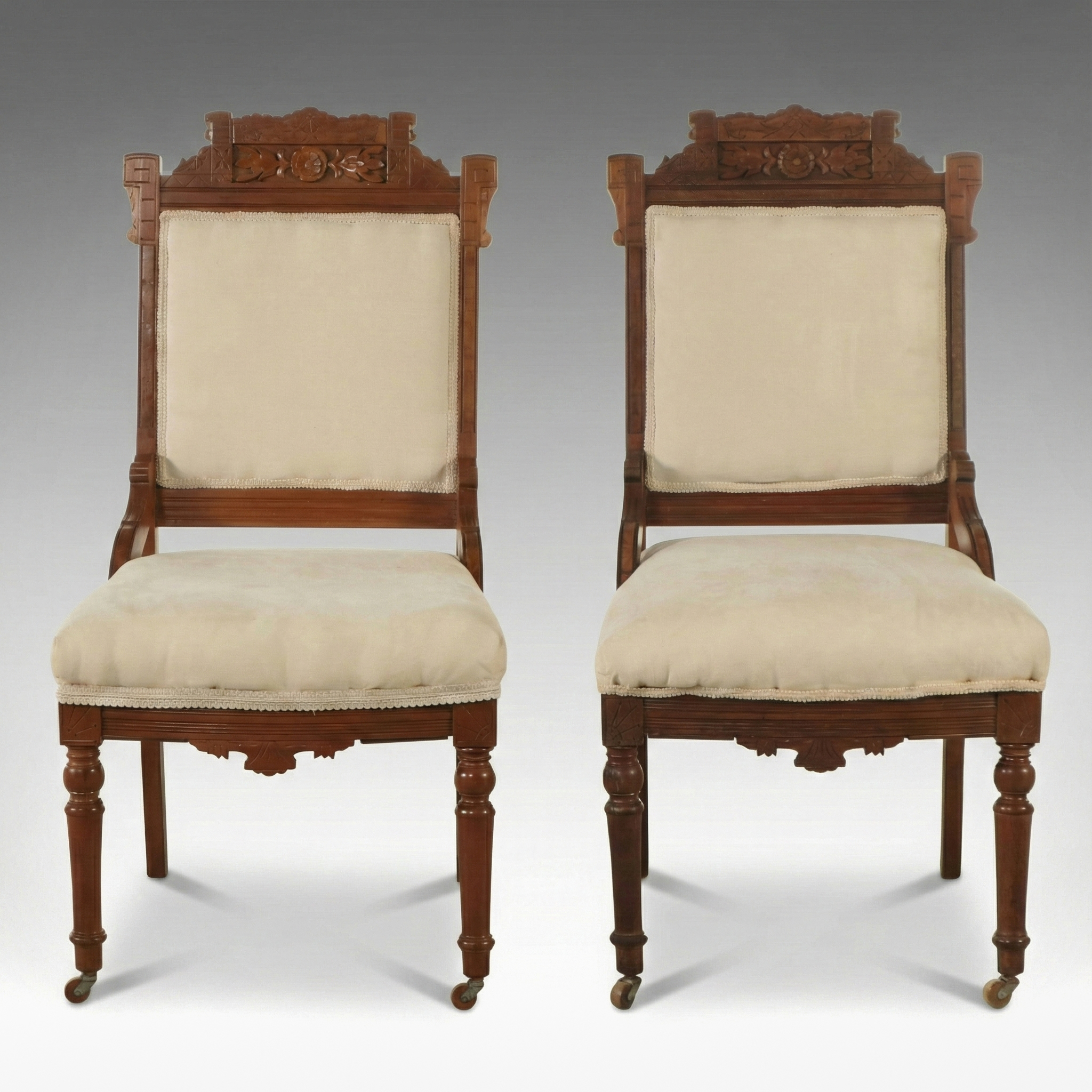 Pair of Eastlake Style Carved and Incised Wood Side Chairs, Late 19th Century