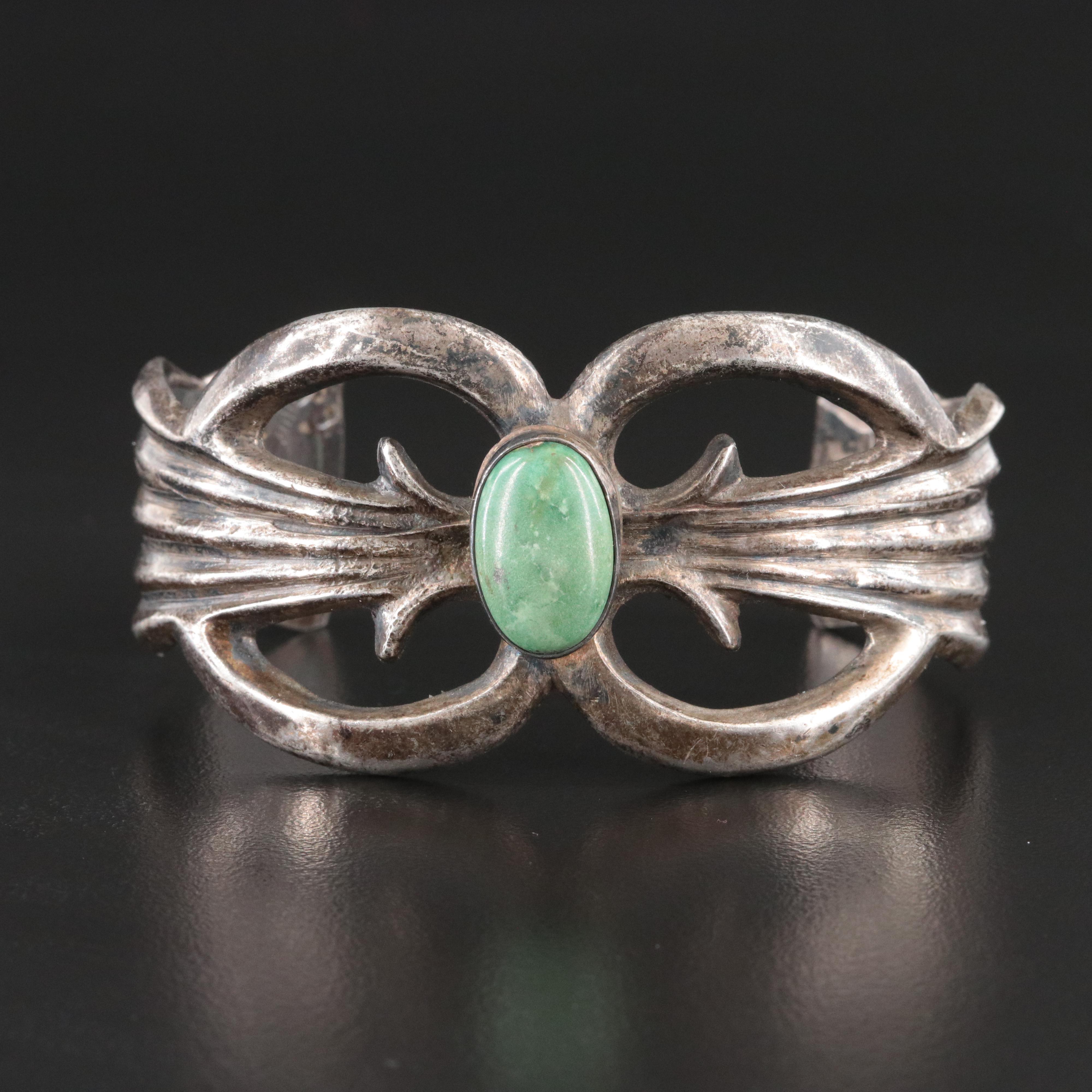 Vintage Southwestern Sterling Turquoise Sand Cast Cuff Bracelet