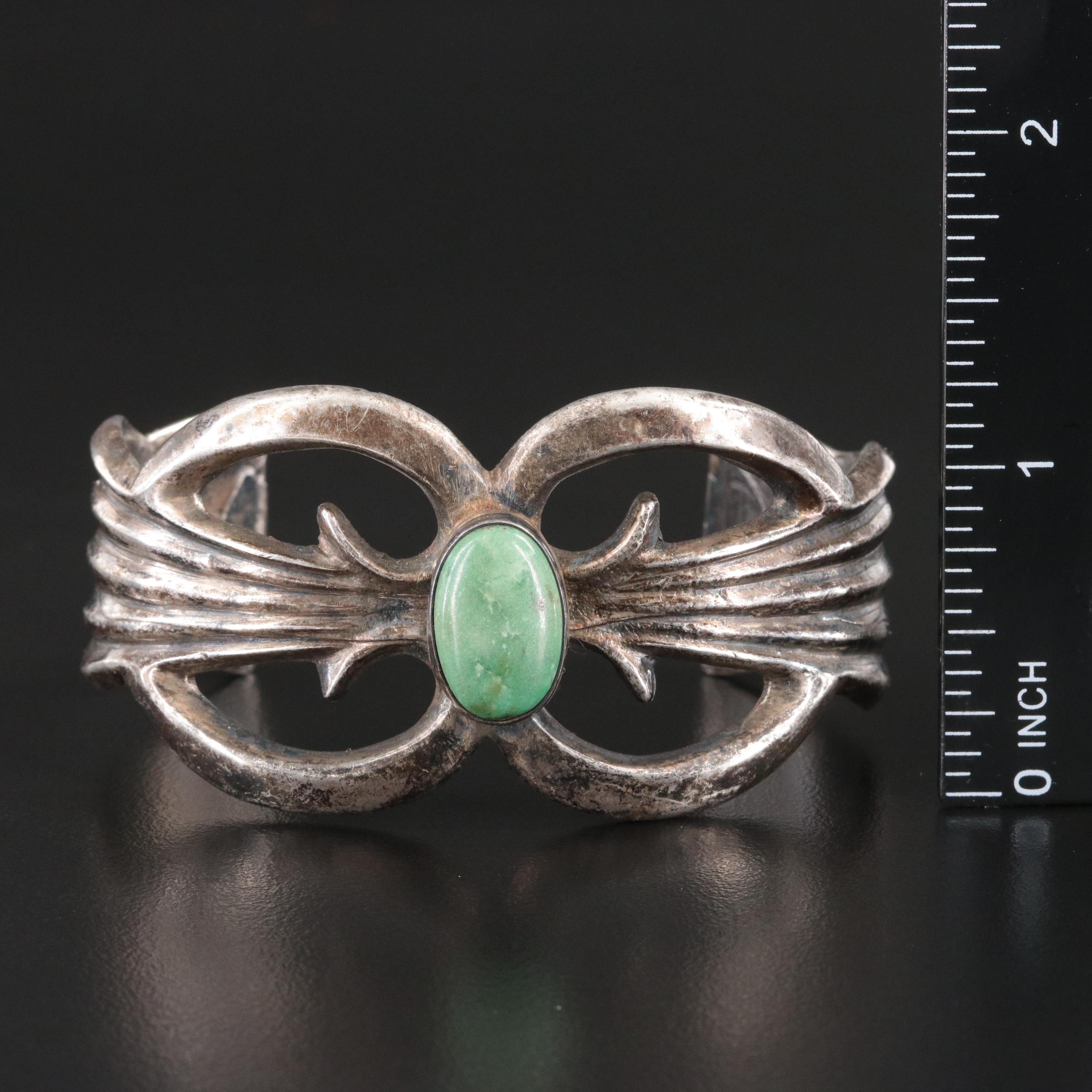 Vintage Southwestern Sterling Turquoise Sand Cast Cuff Bracelet