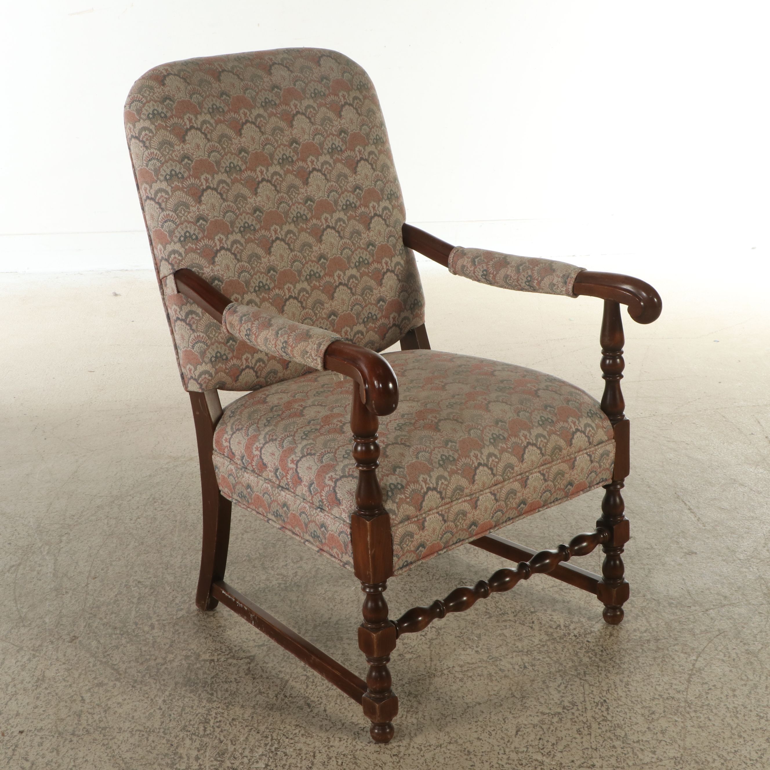 Jacobean Revival Style Upholstered Walnut Finish Armchair