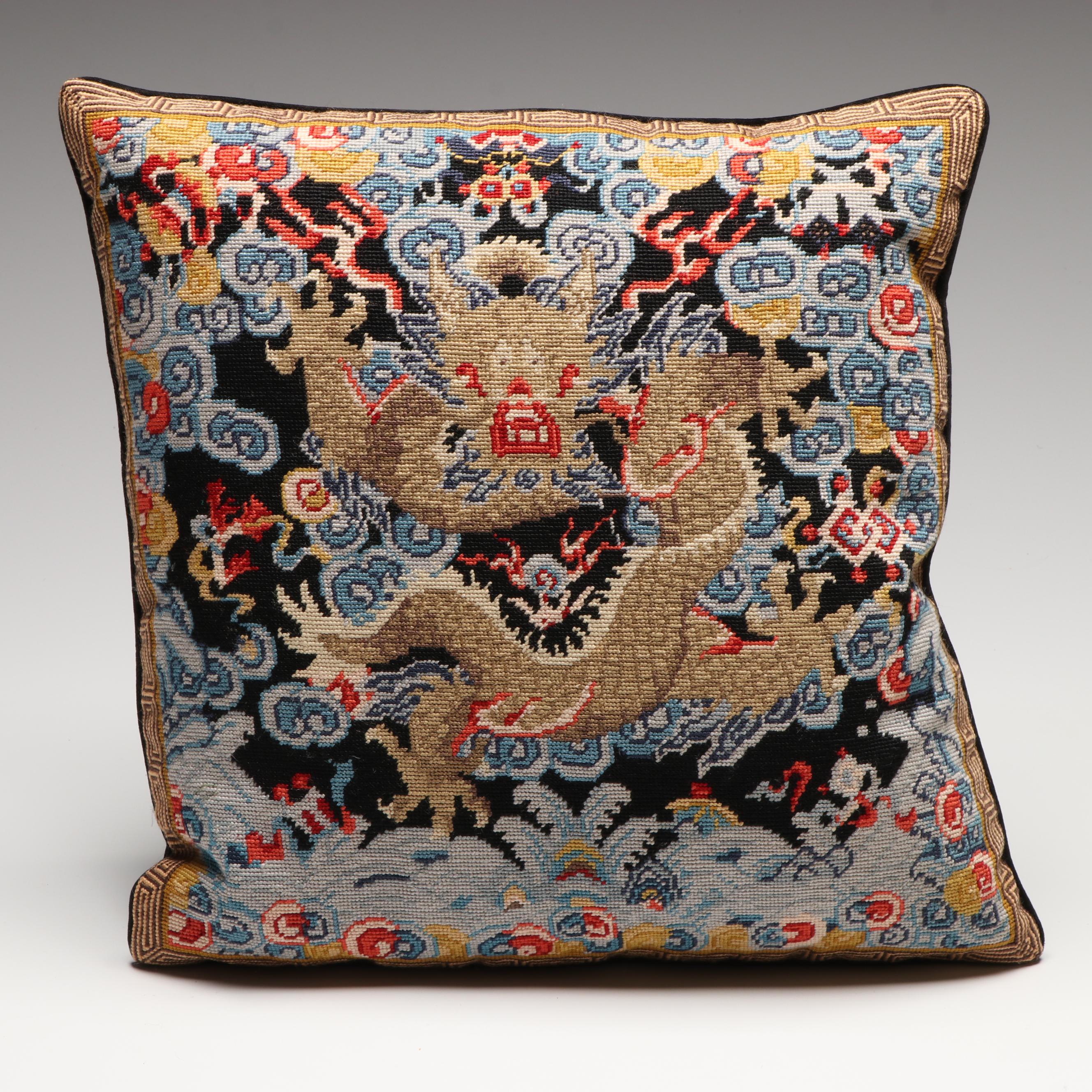 Vintage Floral Needlepoint Pillows with Dragon Needlepoint Accent Pillow