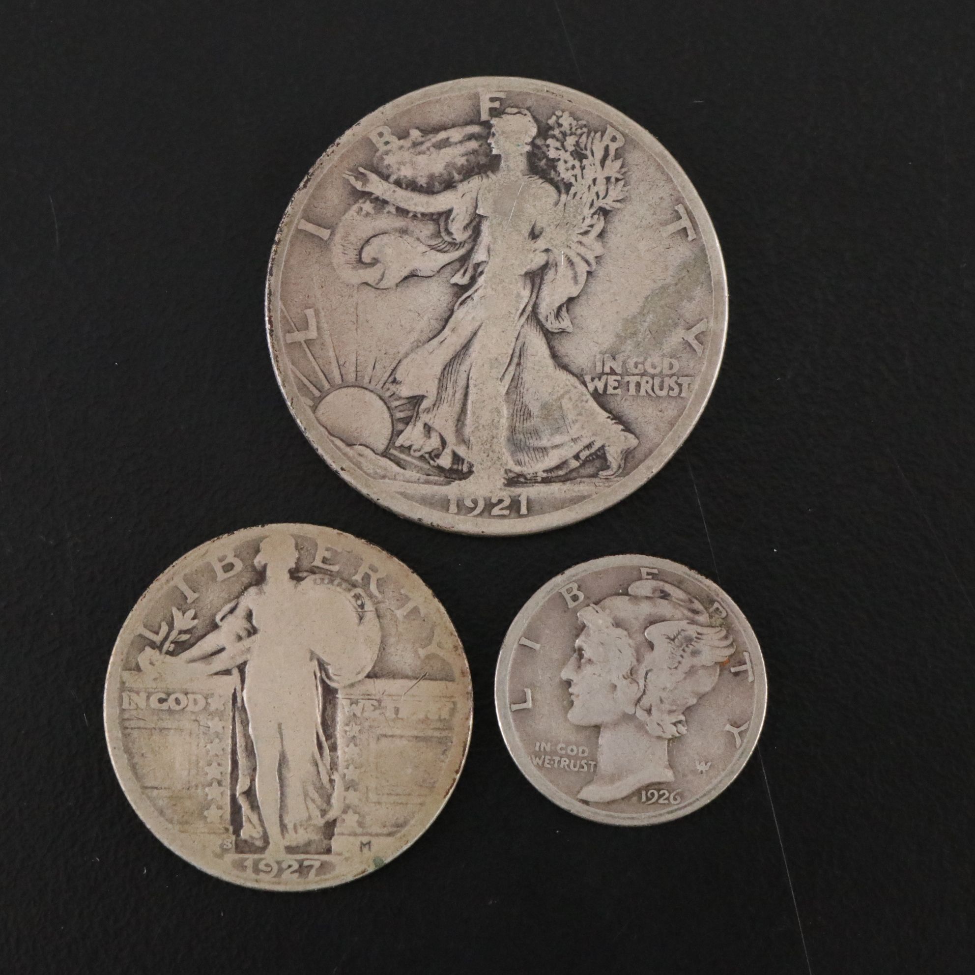 Walking Liberty Half Dollar, Standing Liberty Quarter, and Mercury Dime