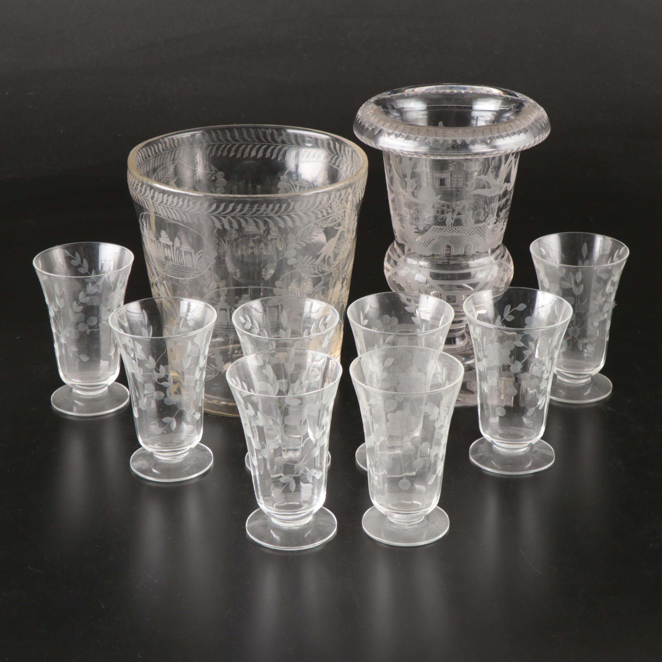 Juice Glasses, Etched Glass Urn Vase and Ice Bucket