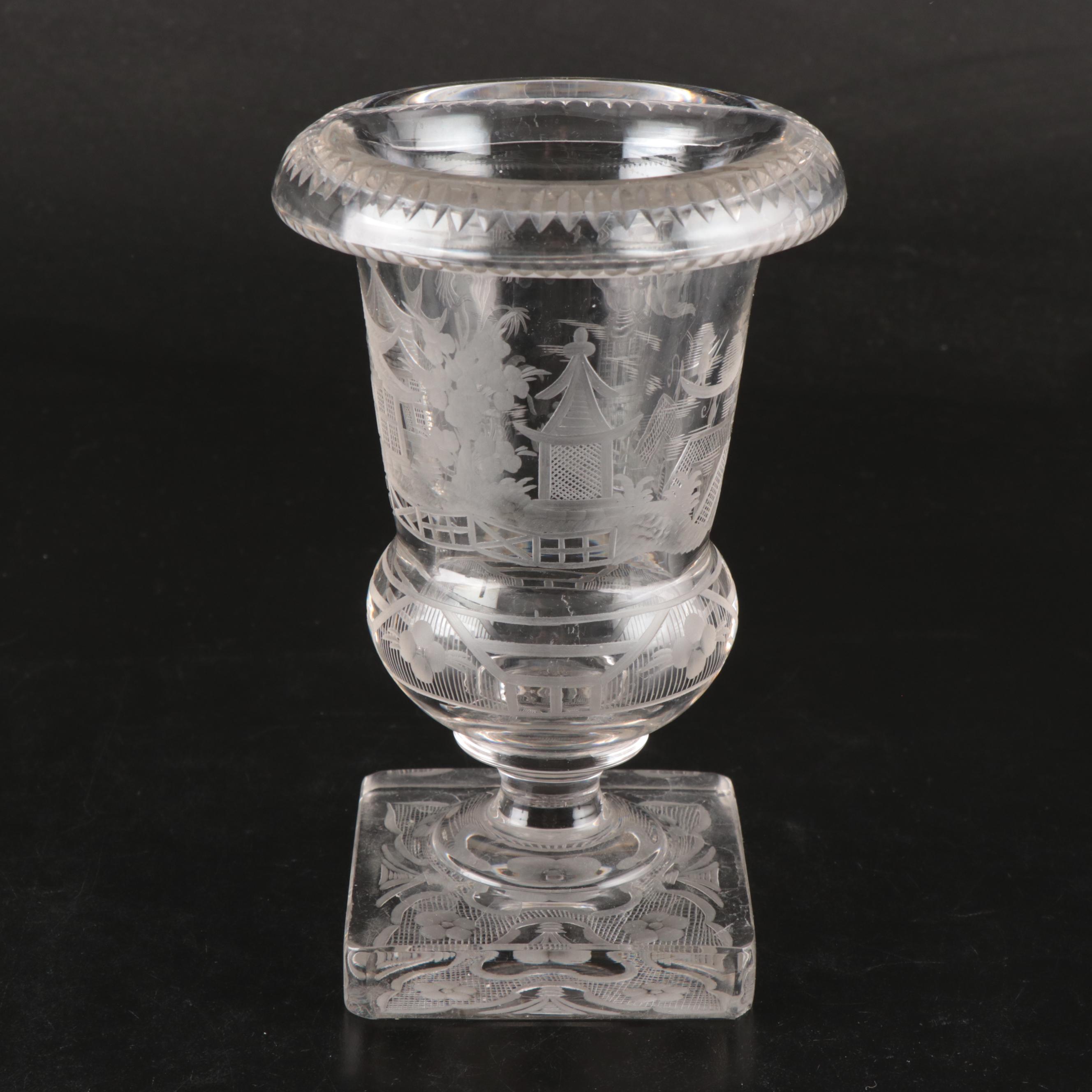 Juice Glasses, Etched Glass Urn Vase and Ice Bucket