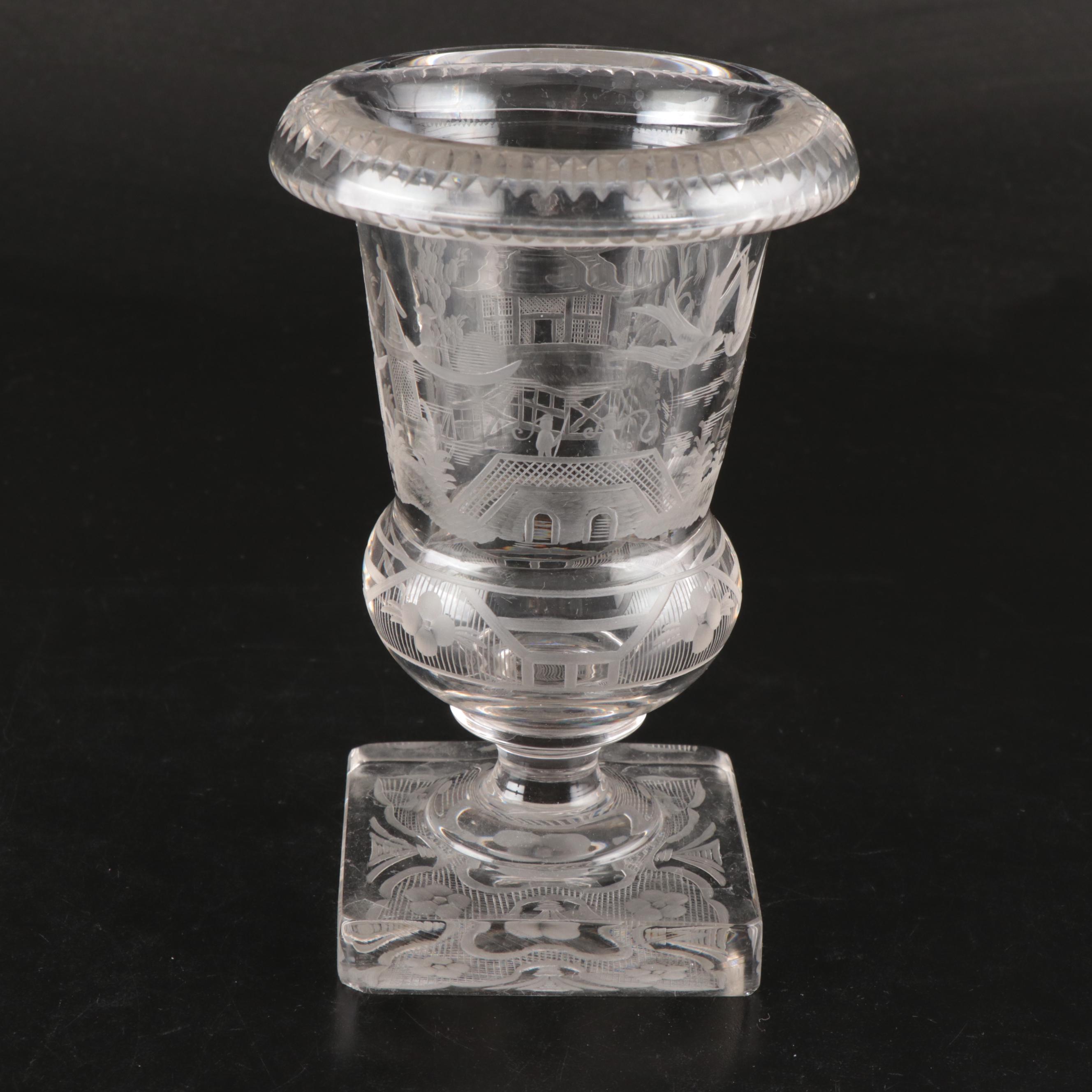 Juice Glasses, Etched Glass Urn Vase and Ice Bucket