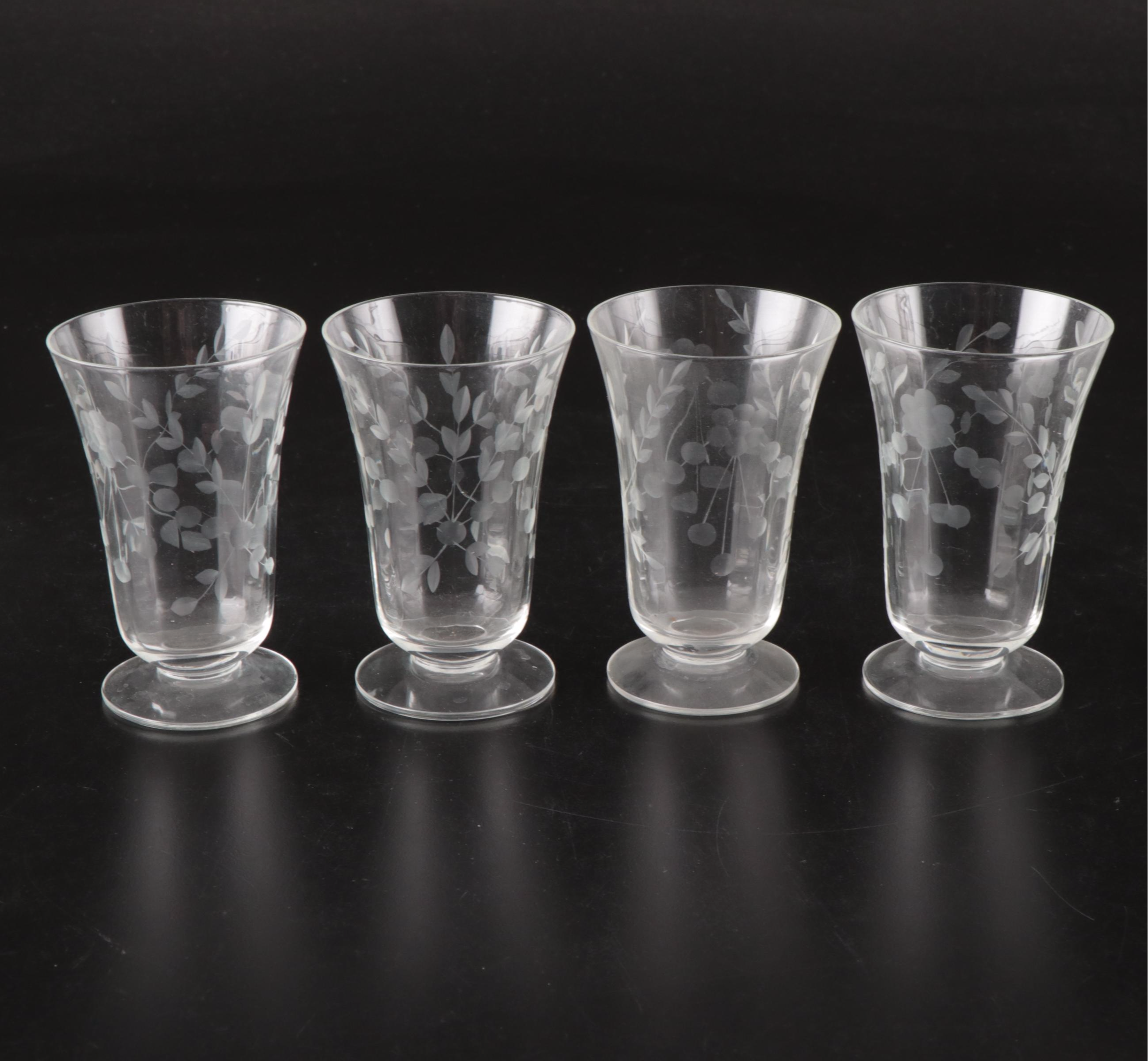 Juice Glasses, Etched Glass Urn Vase and Ice Bucket