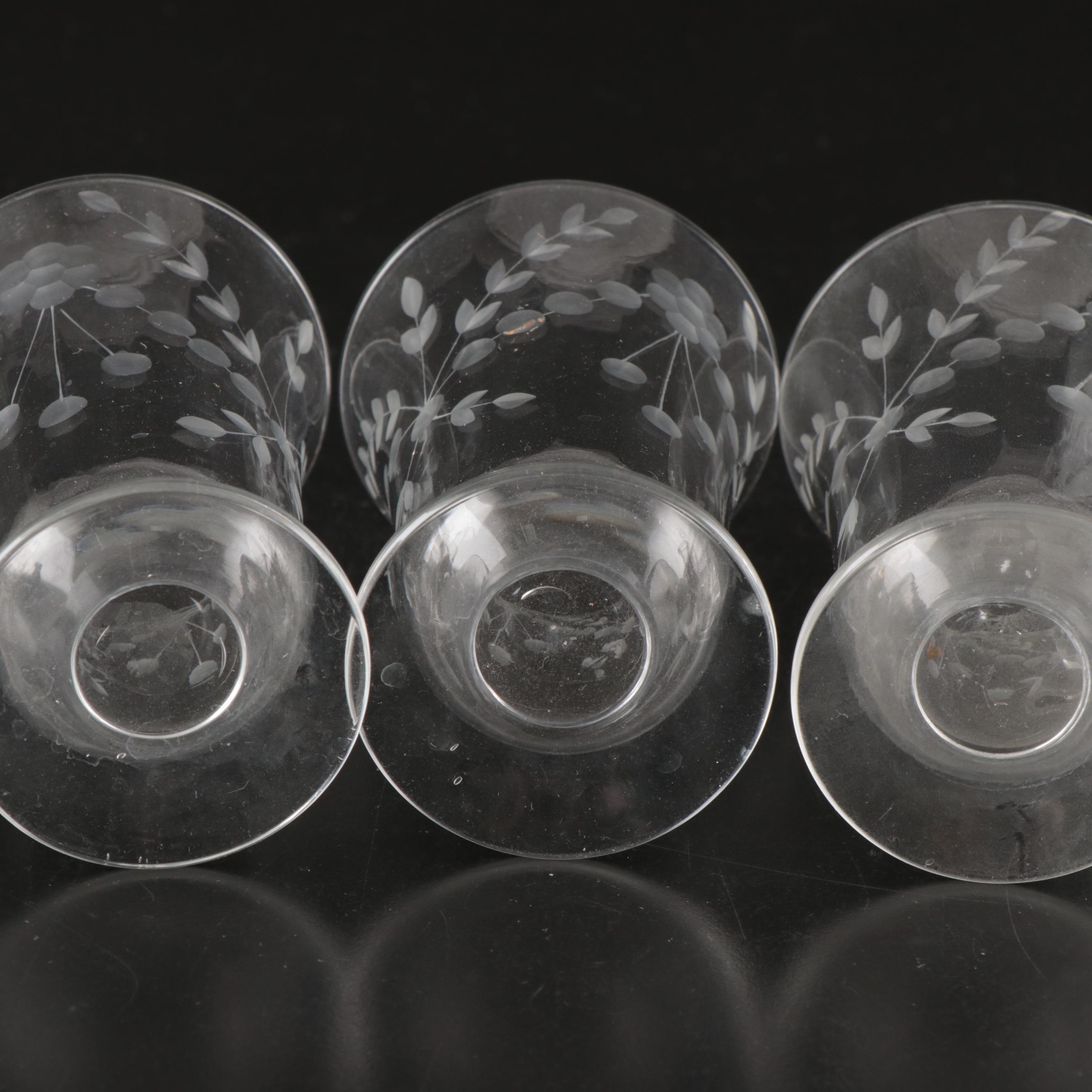 Juice Glasses, Etched Glass Urn Vase and Ice Bucket