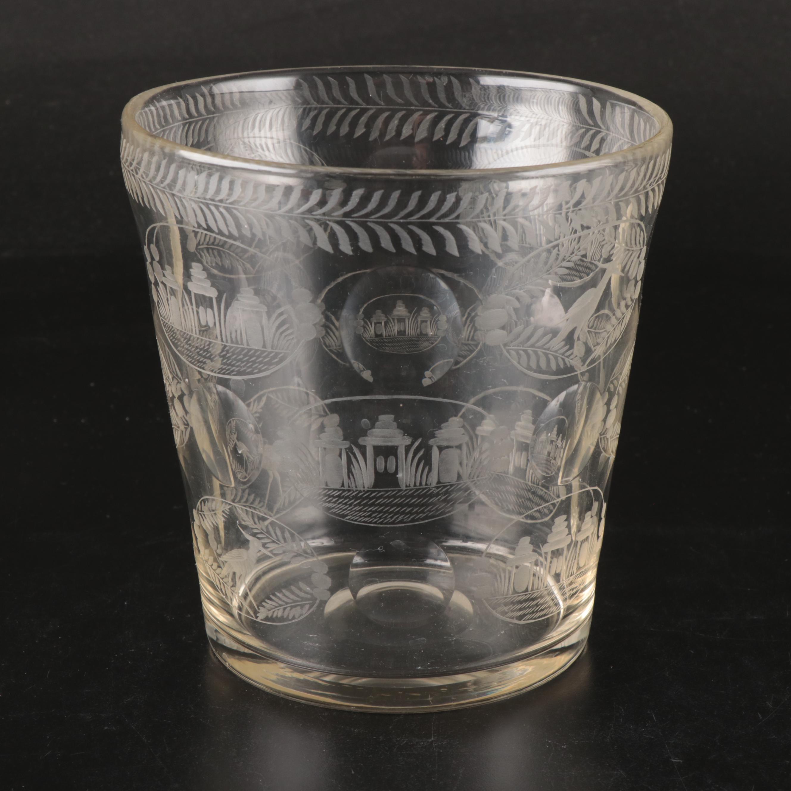 Juice Glasses, Etched Glass Urn Vase and Ice Bucket