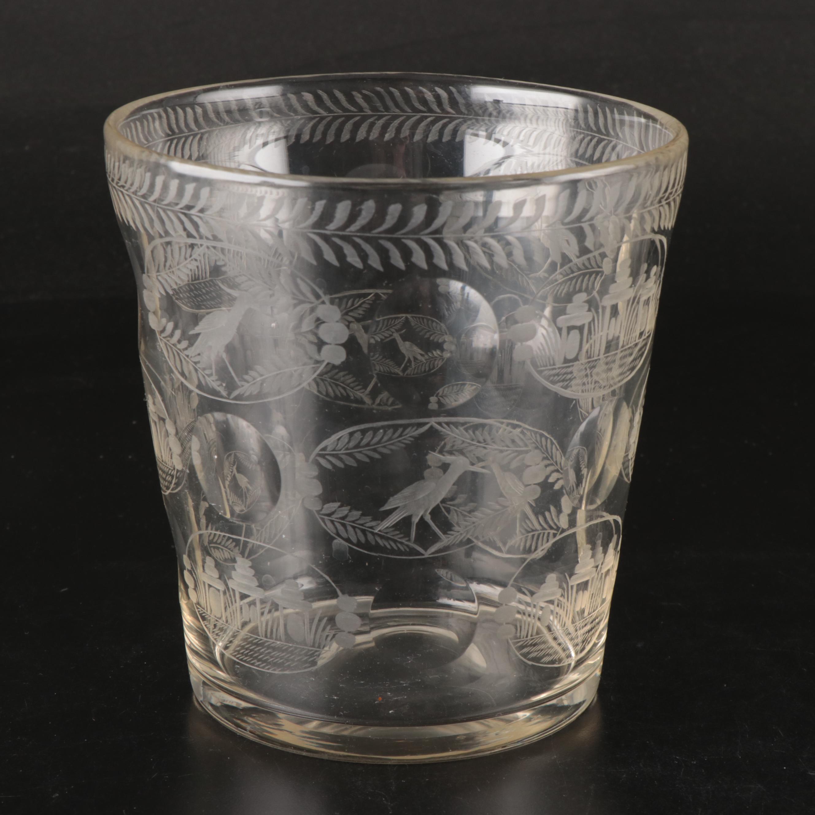 Juice Glasses, Etched Glass Urn Vase and Ice Bucket