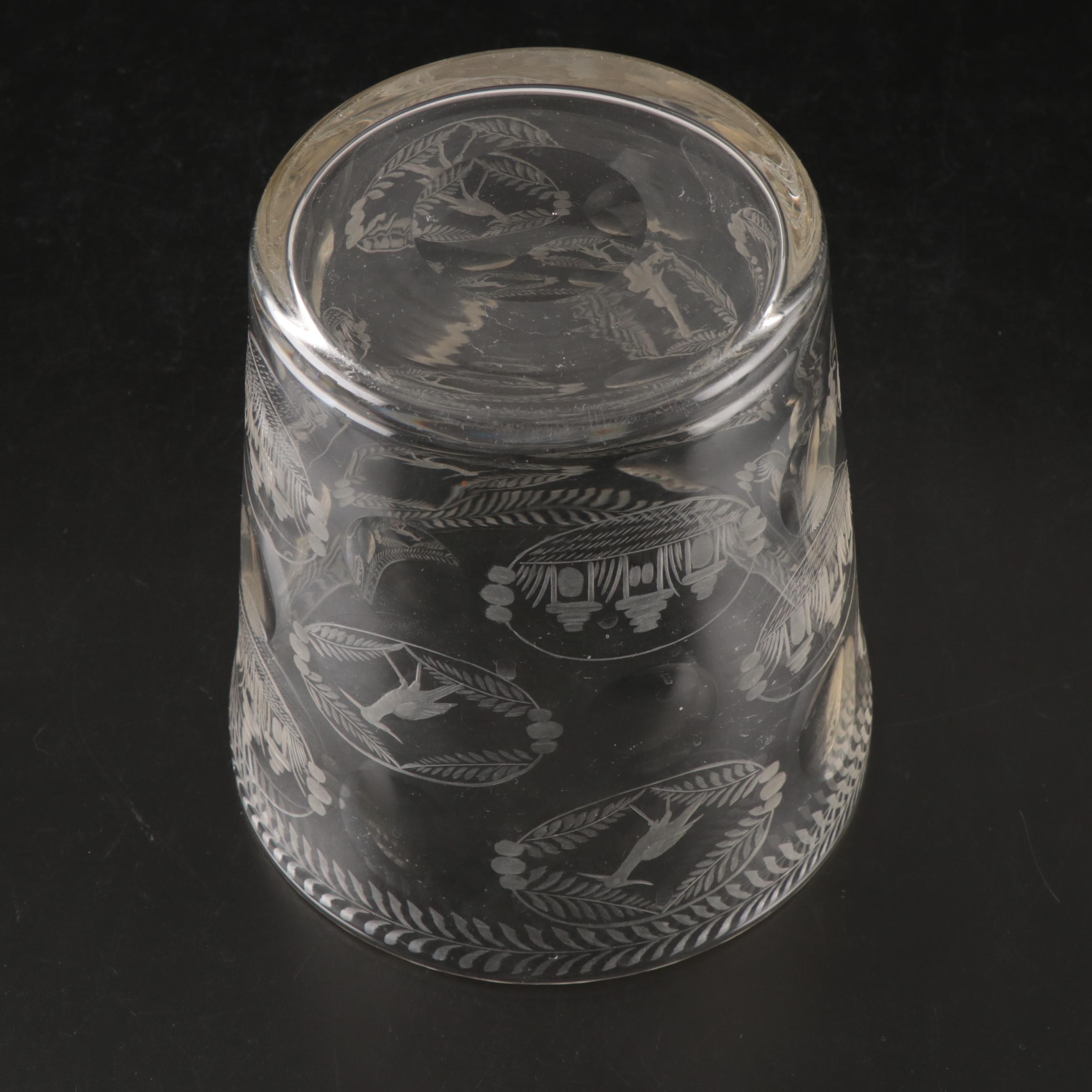 Juice Glasses, Etched Glass Urn Vase and Ice Bucket