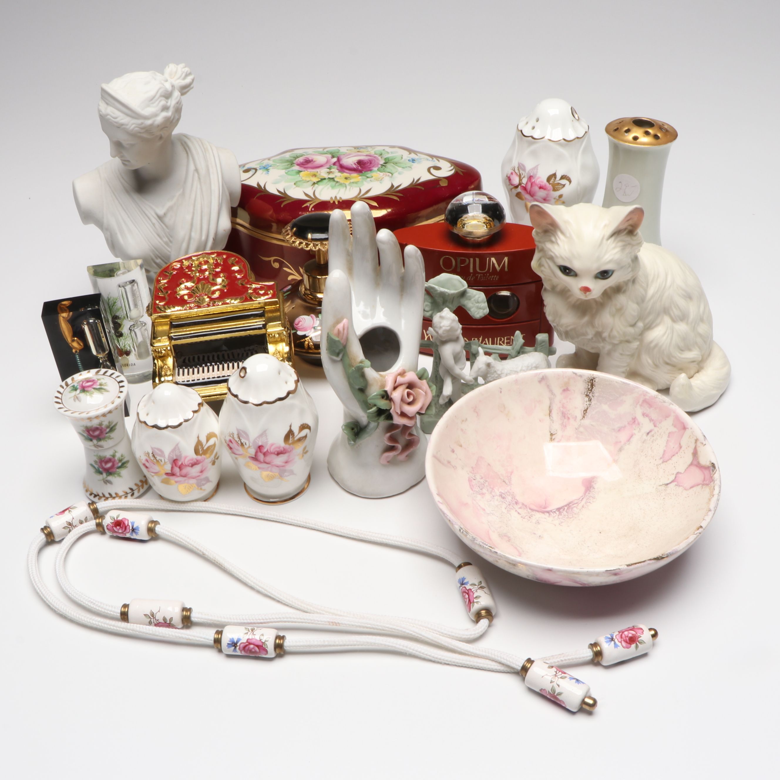 DeVilbiss Hand-Painted Perfume Bottle with Porcelain and Other Table Accessories