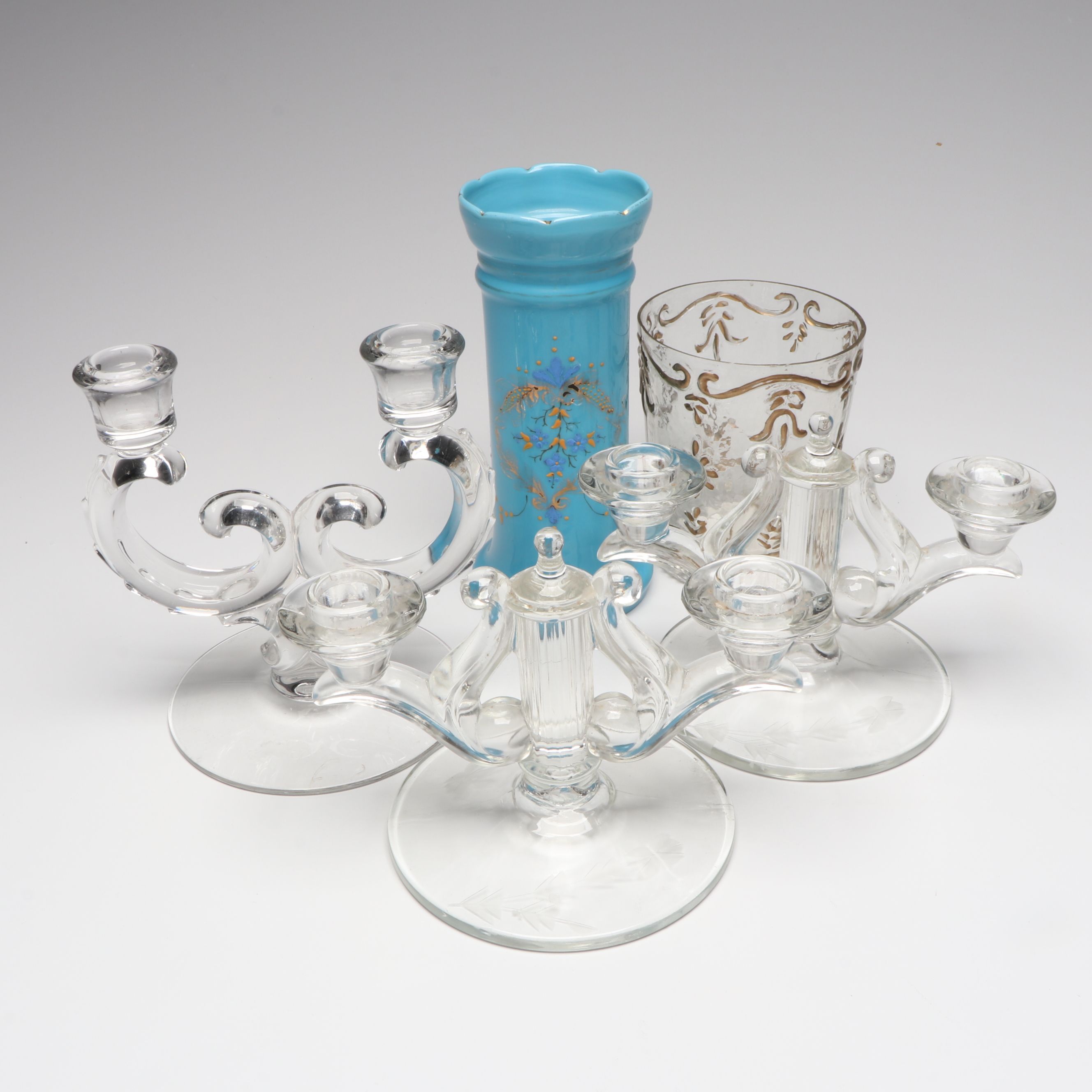 Victorian Style Bristol & Opaline Glass Vessels, American Candlesticks