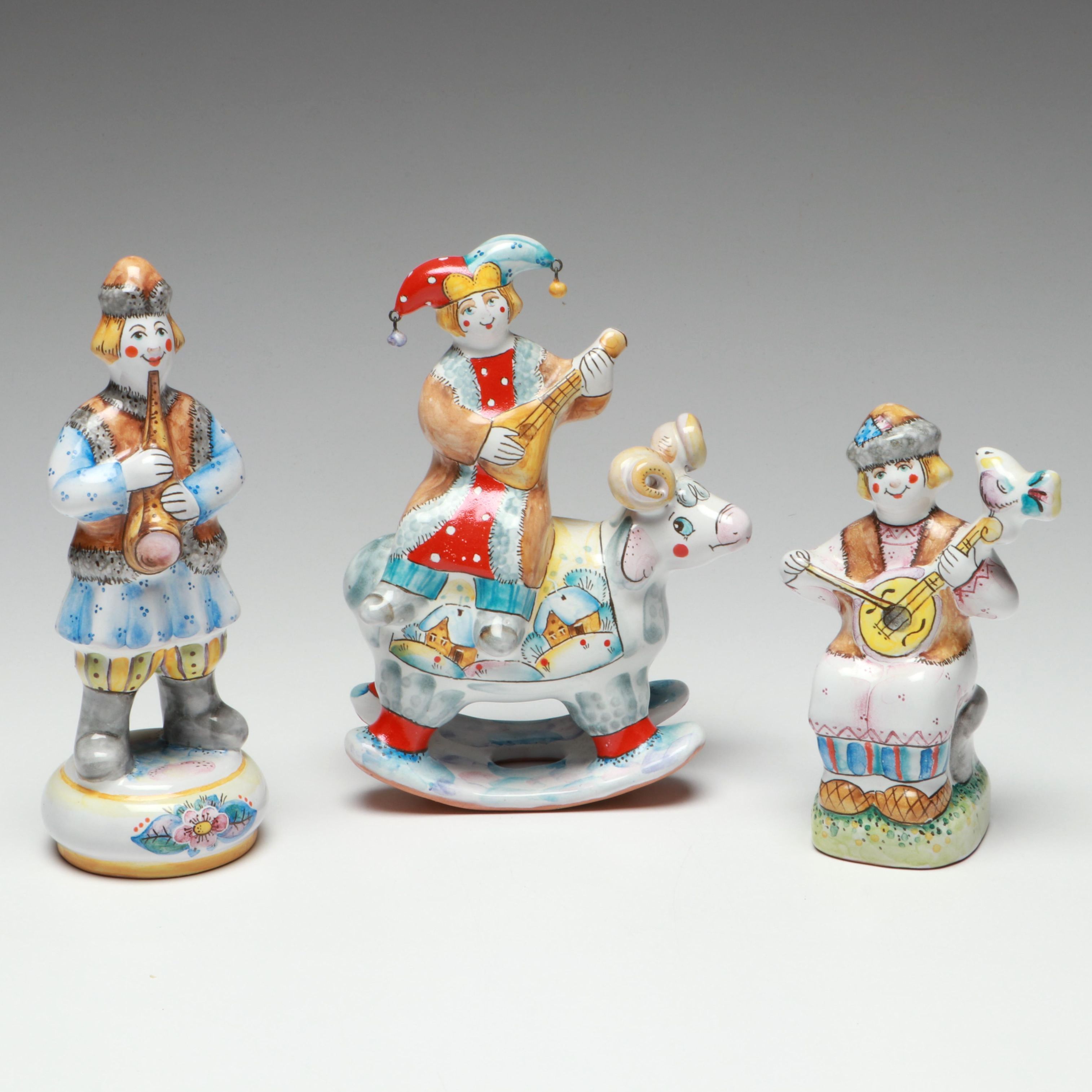 Russian Majolica Terracotta Folk Art Skomorokh Jesters