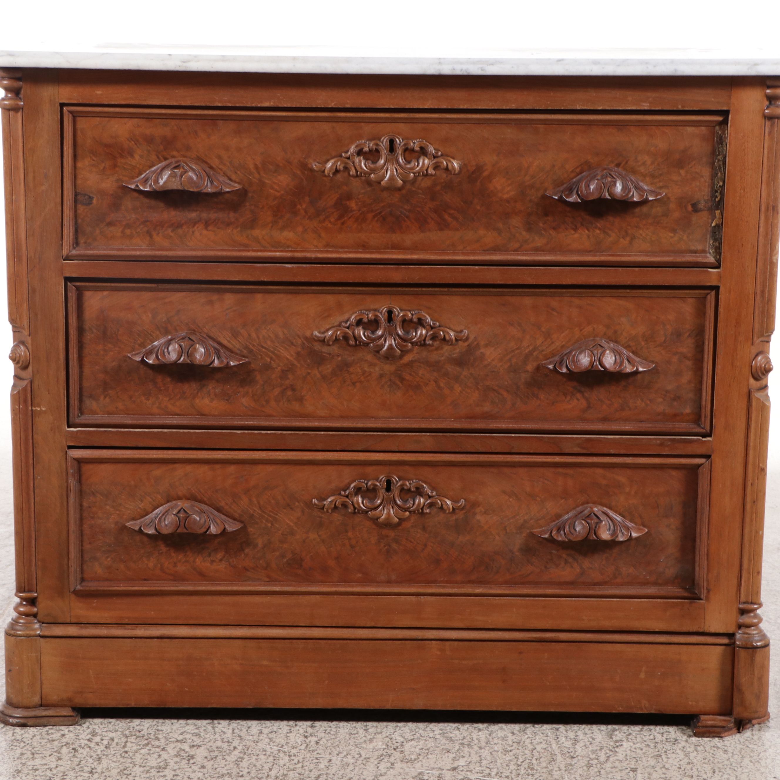 American Victorian Renaissance Revival Style Walnut and Burl Marble Top Dresser