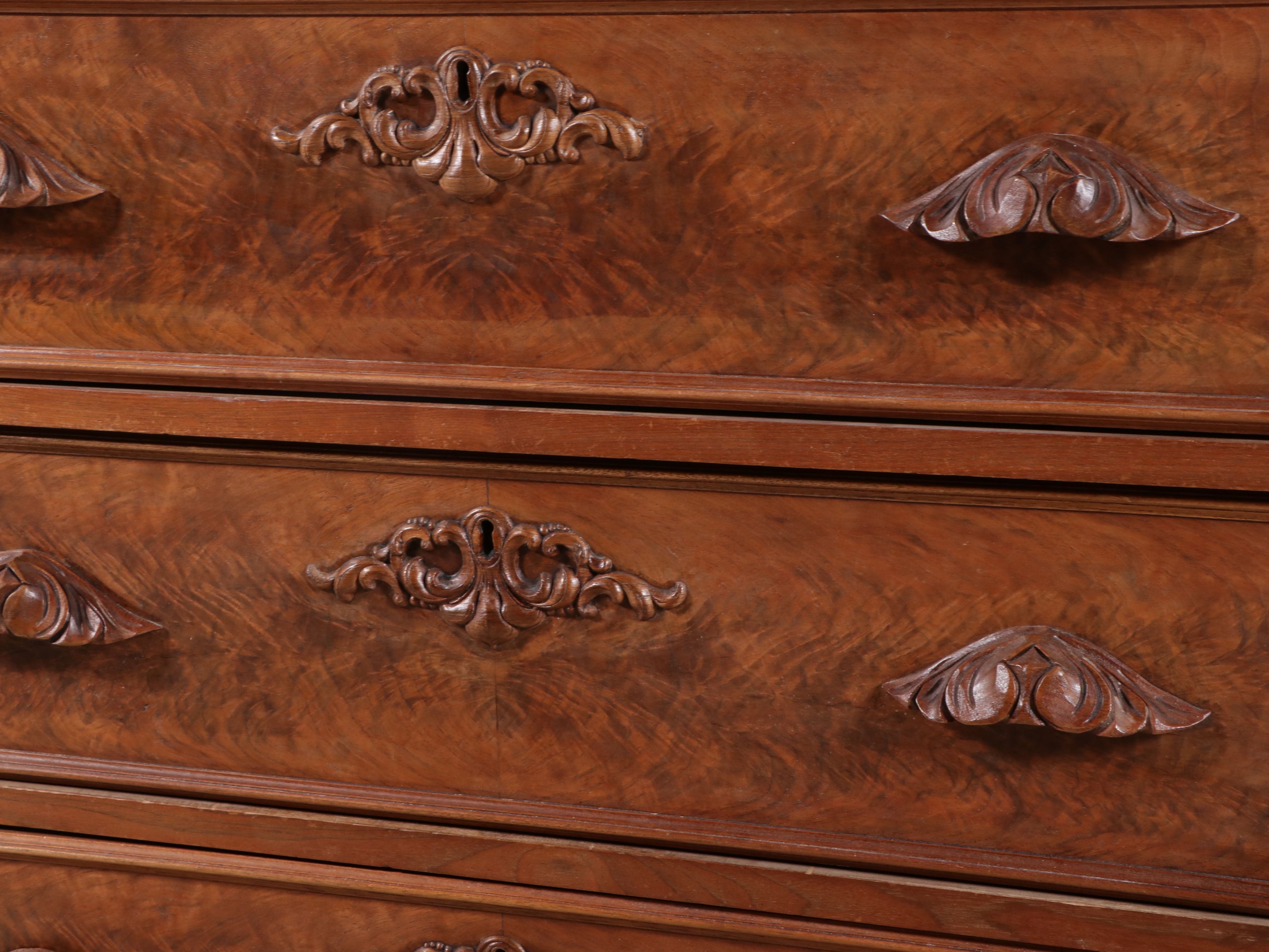 American Victorian Renaissance Revival Style Walnut and Burl Marble Top Dresser