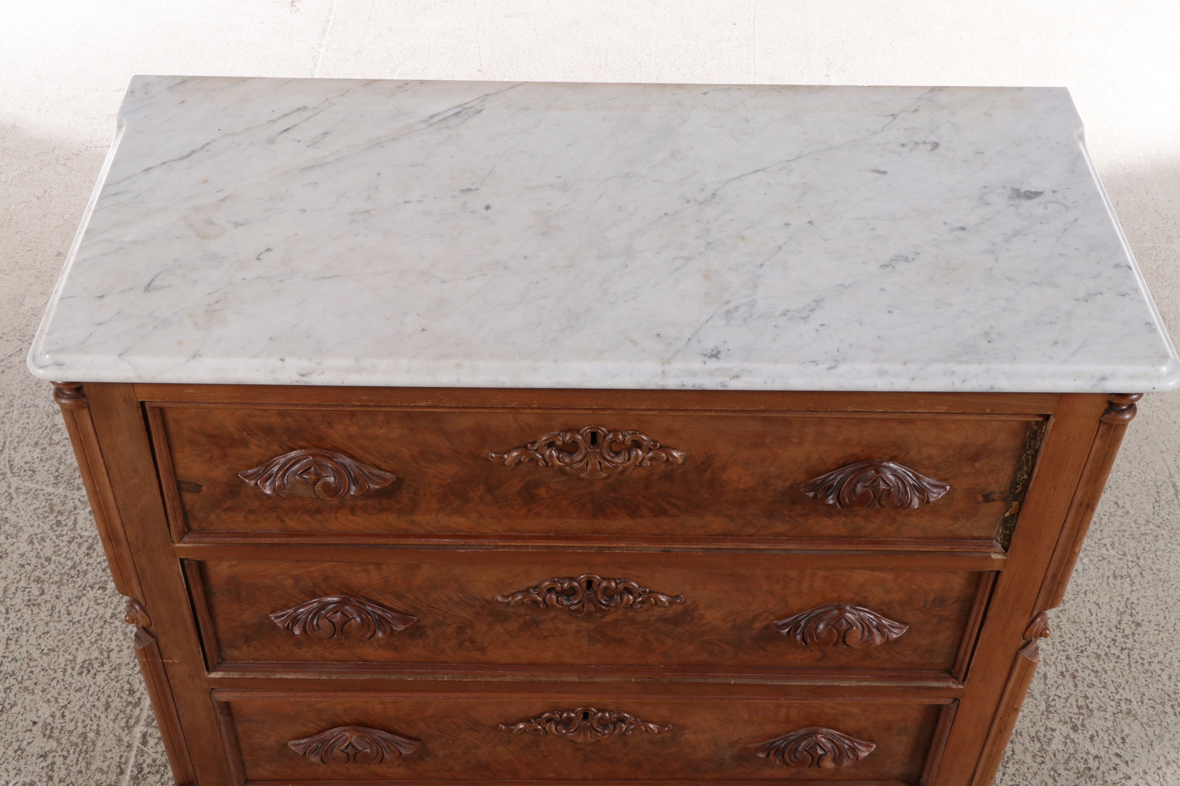 American Victorian Renaissance Revival Style Walnut and Burl Marble Top Dresser
