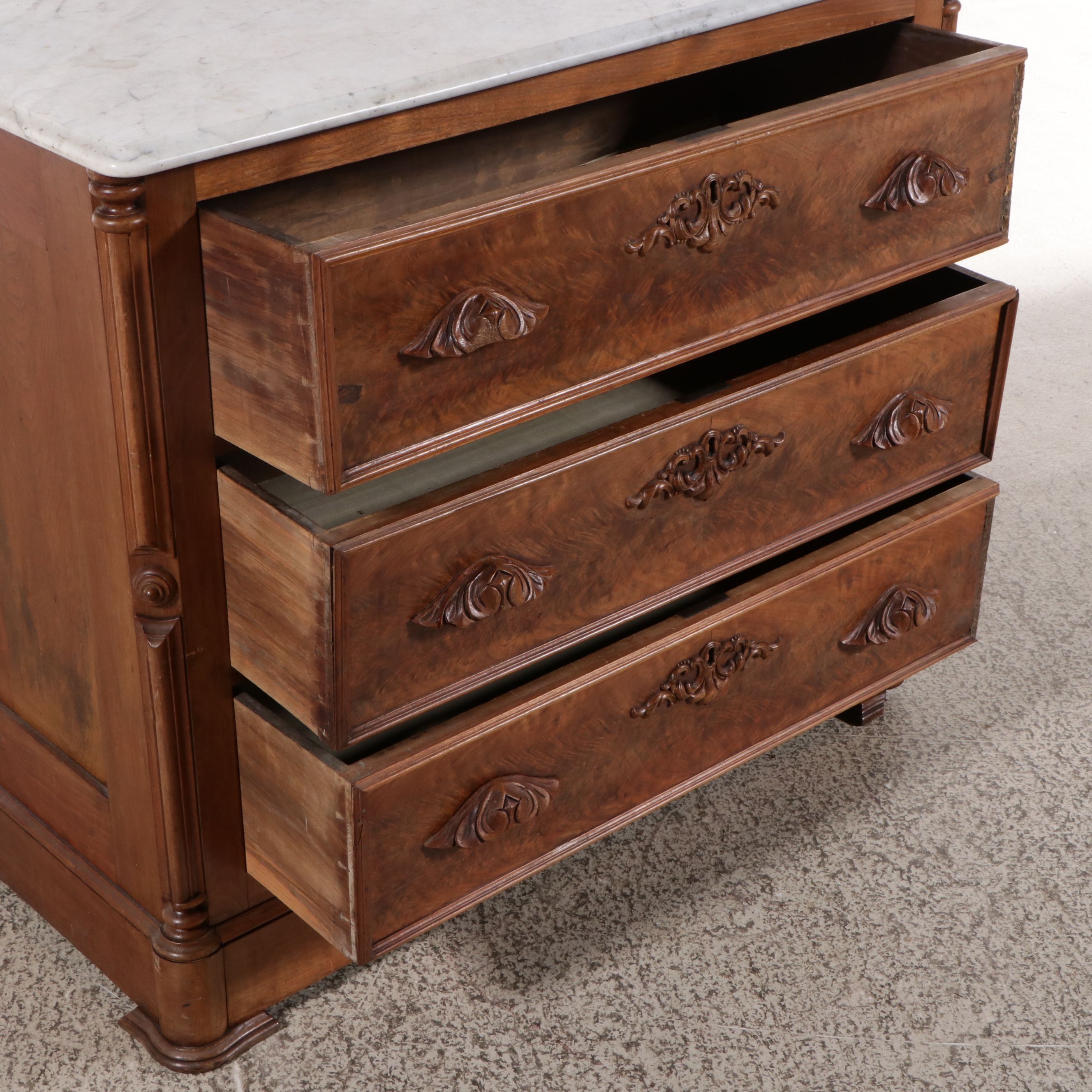 American Victorian Renaissance Revival Style Walnut and Burl Marble Top Dresser