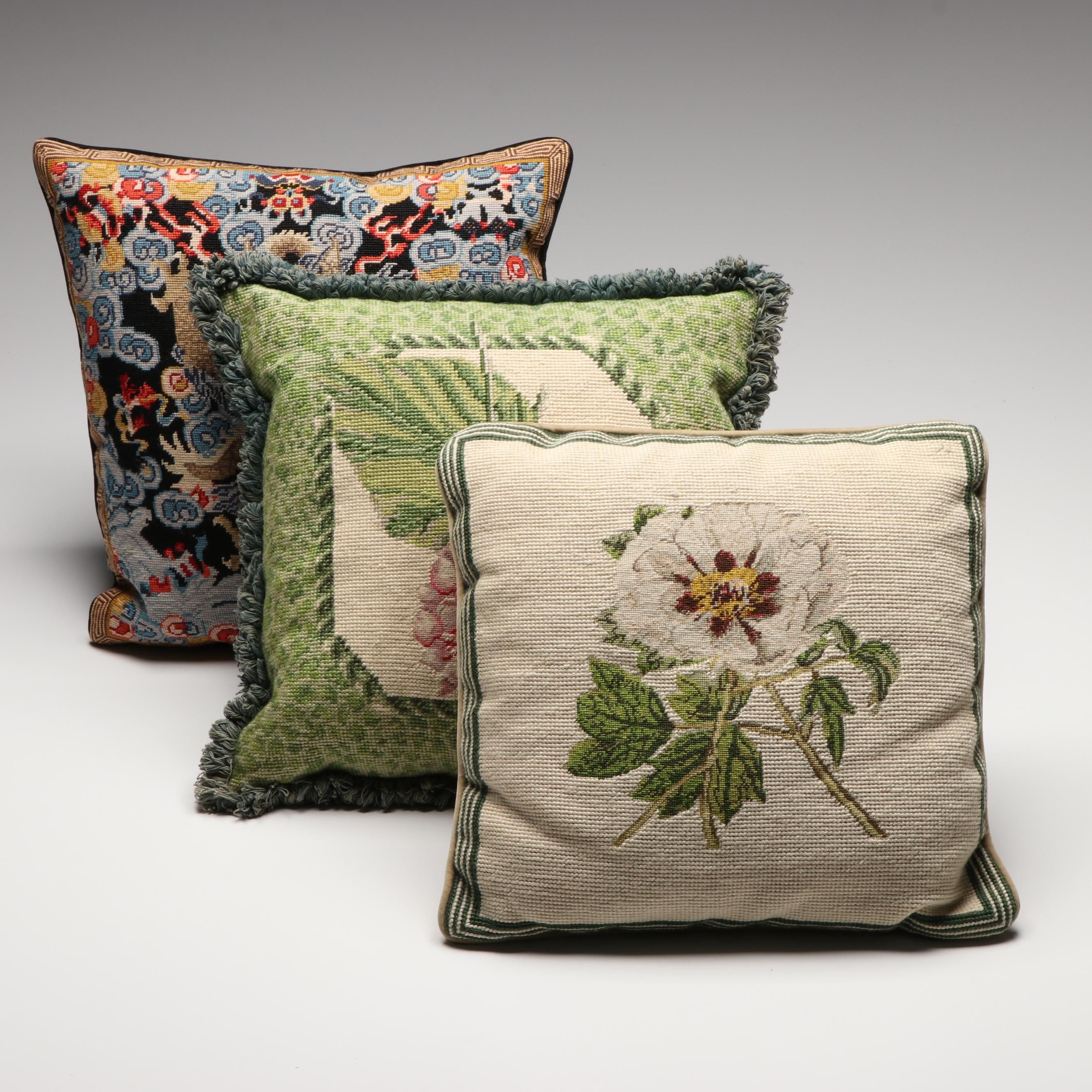 Vintage Floral Needlepoint Pillows with Dragon Needlepoint Accent Pillow