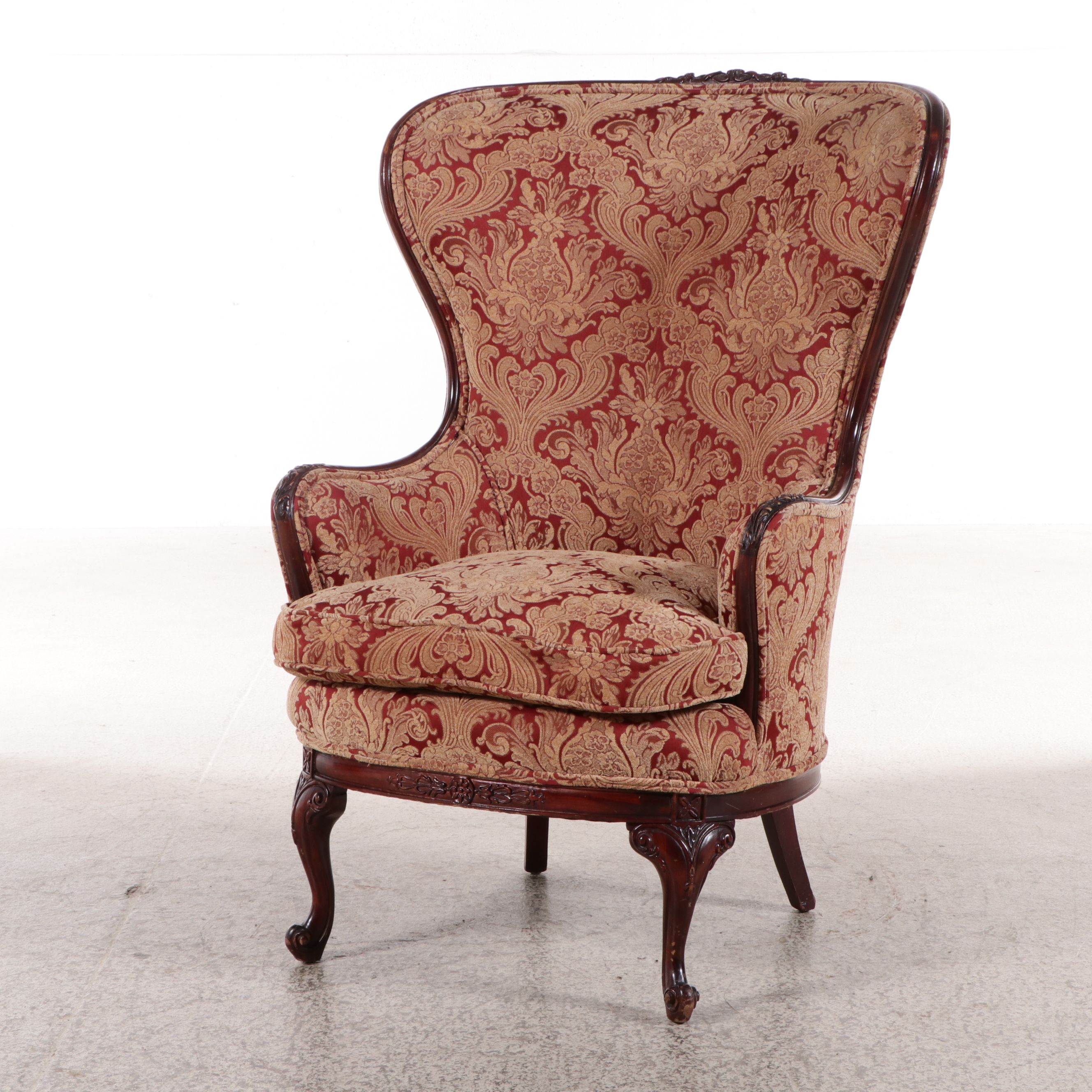 Edwardian Style Damask Upholstered Carved Mahogany Butterfly Wingback Chair