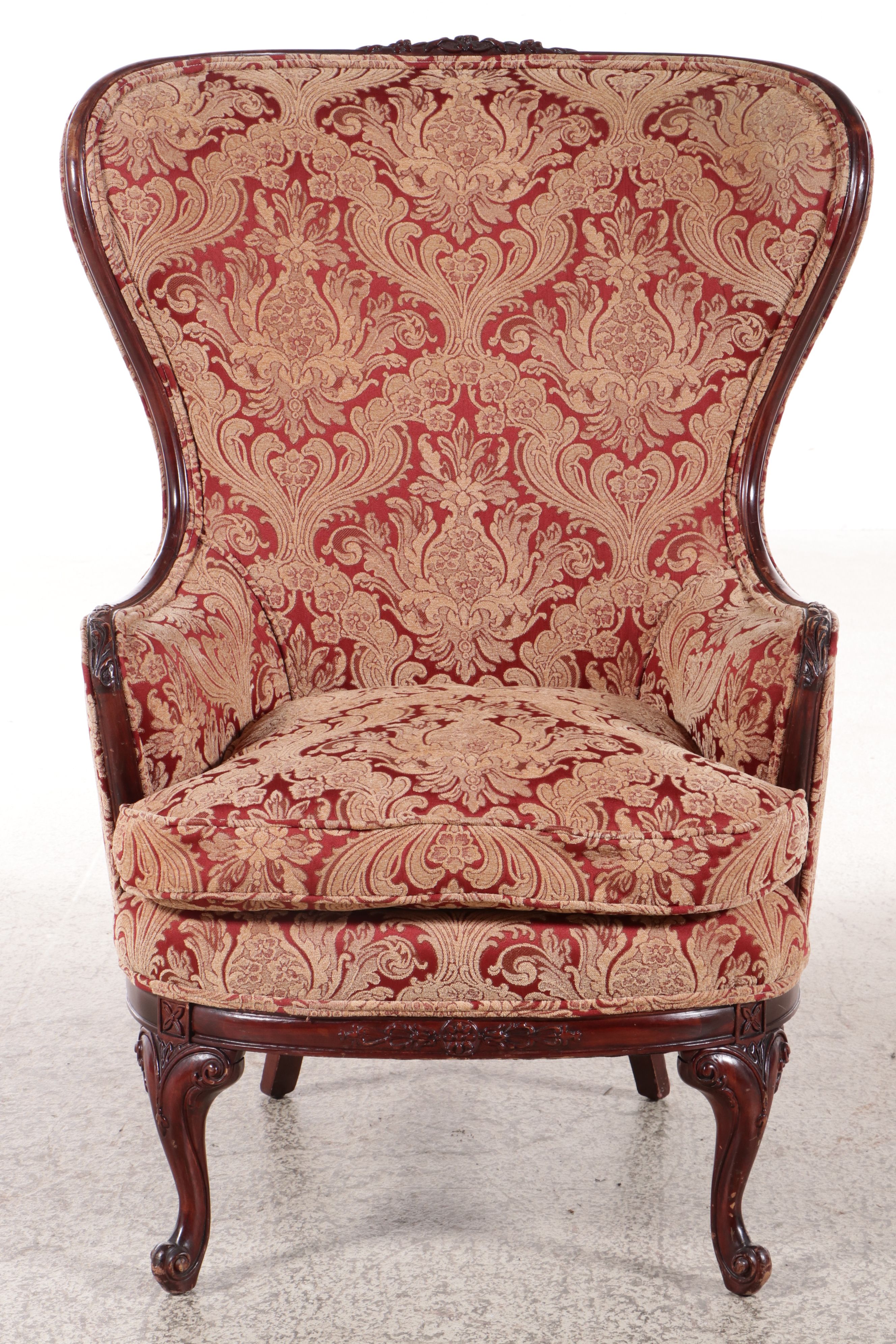 Edwardian Style Damask Upholstered Carved Mahogany Butterfly Wingback Chair