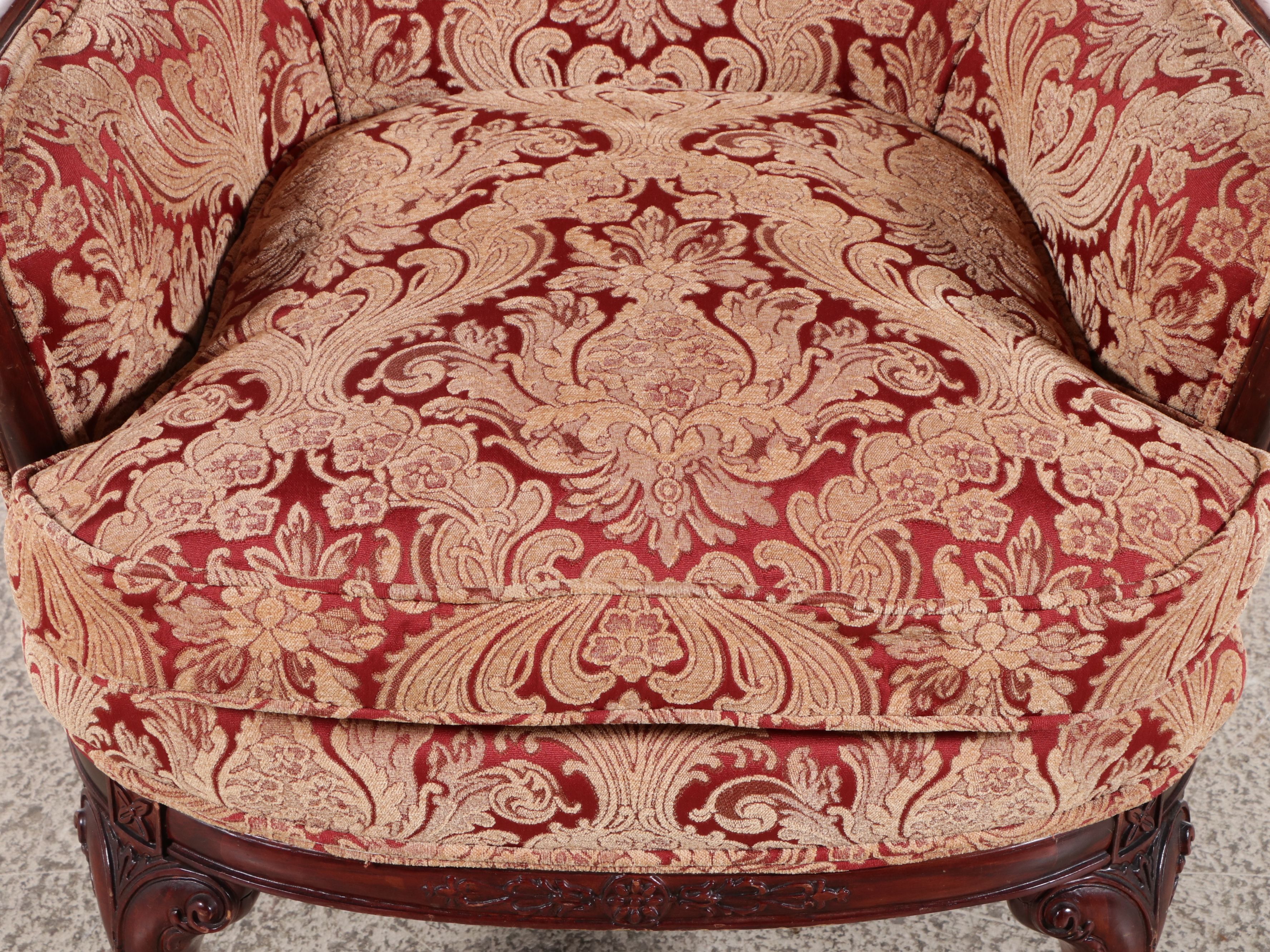 Edwardian Style Damask Upholstered Carved Mahogany Butterfly Wingback Chair