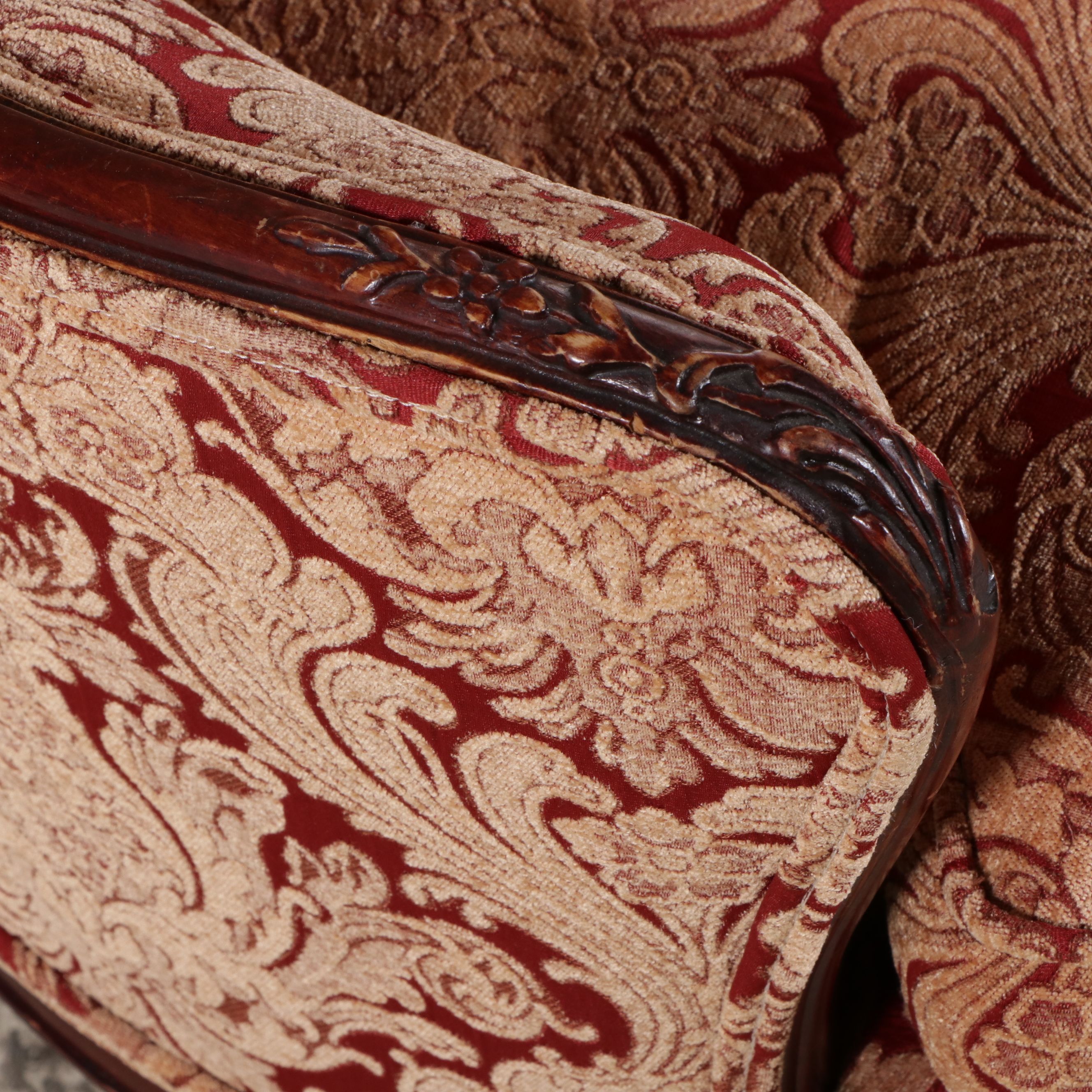 Edwardian Style Damask Upholstered Carved Mahogany Butterfly Wingback Chair