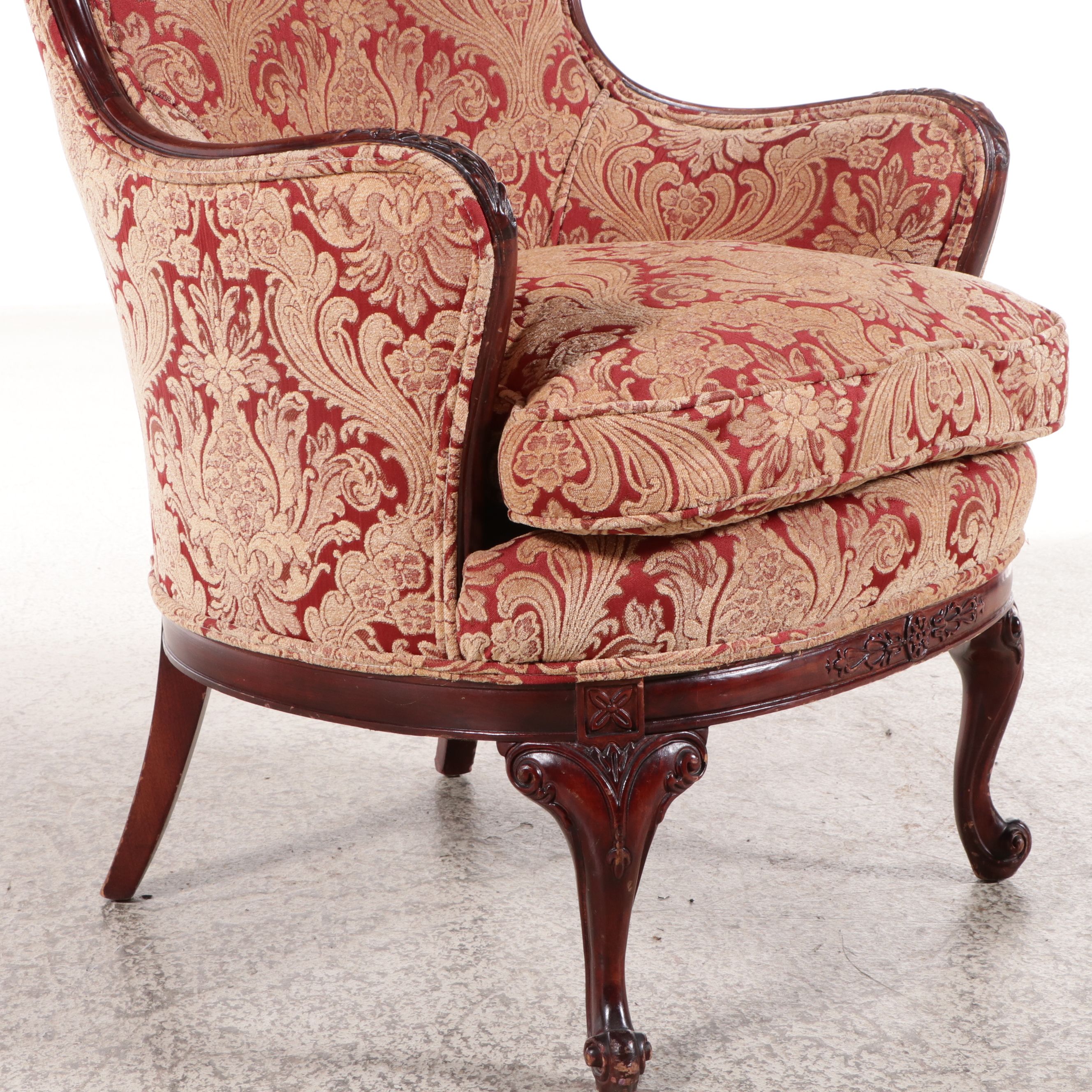 Edwardian Style Damask Upholstered Carved Mahogany Butterfly Wingback Chair