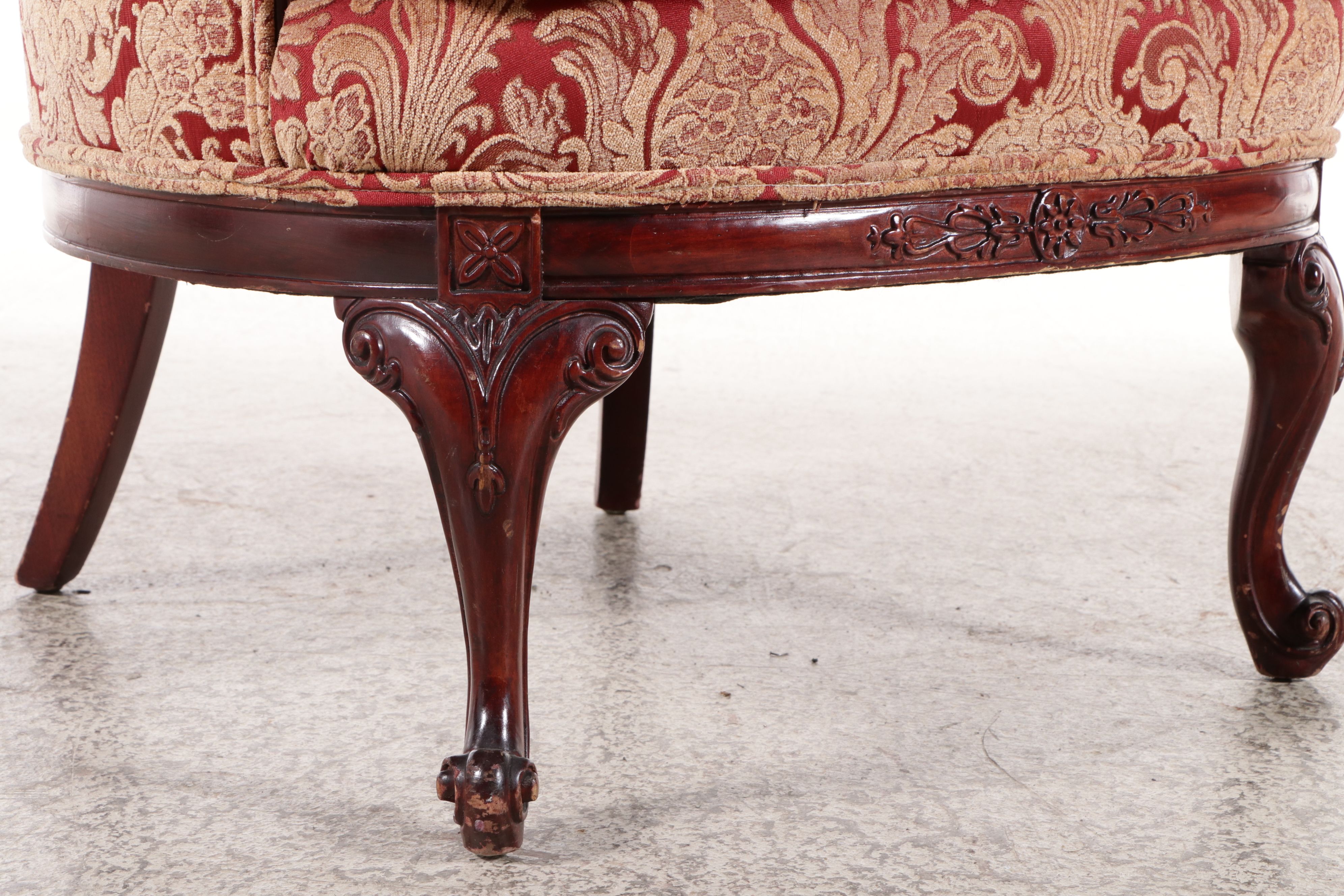 Edwardian Style Damask Upholstered Carved Mahogany Butterfly Wingback Chair