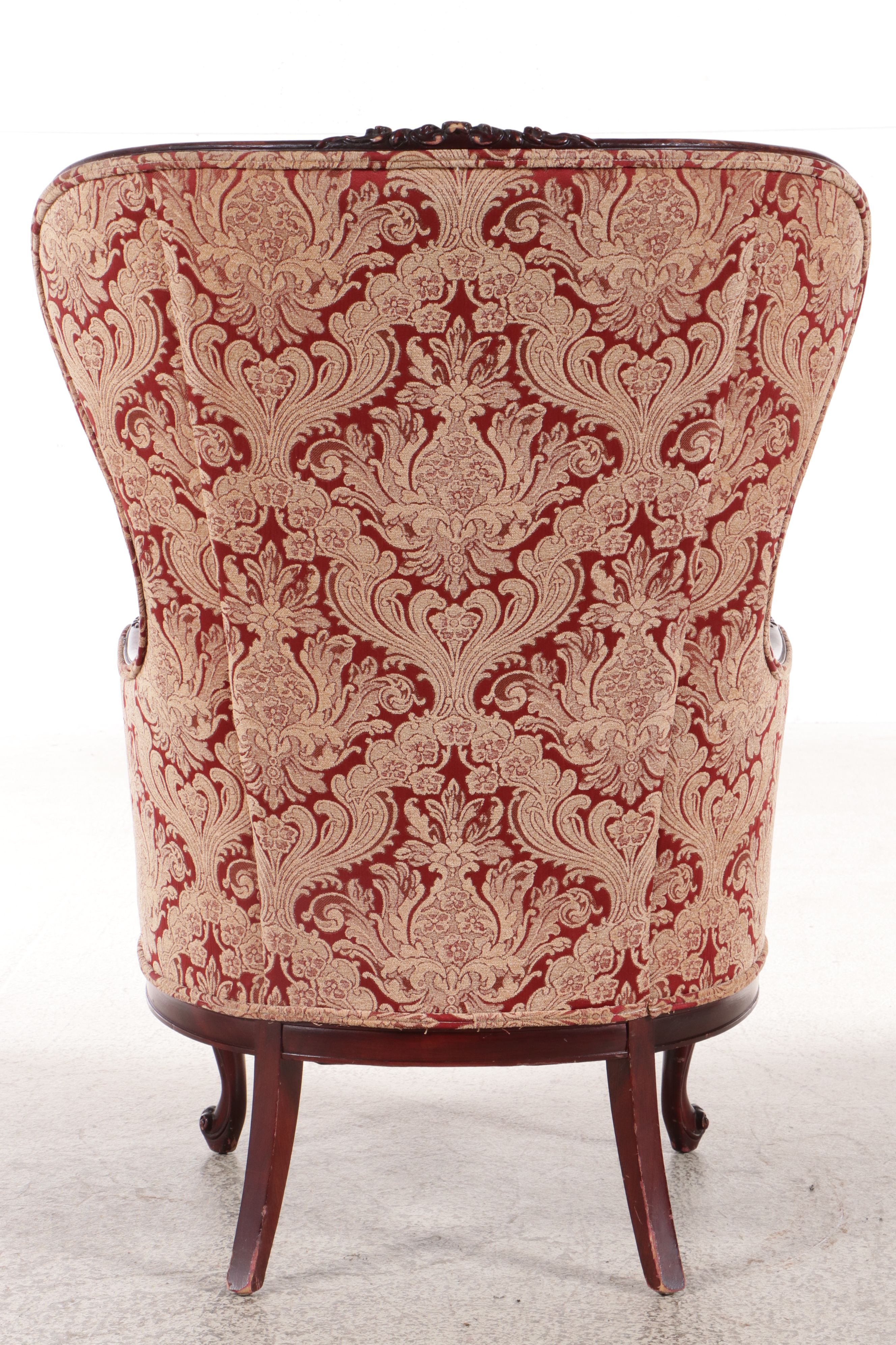Edwardian Style Damask Upholstered Carved Mahogany Butterfly Wingback Chair